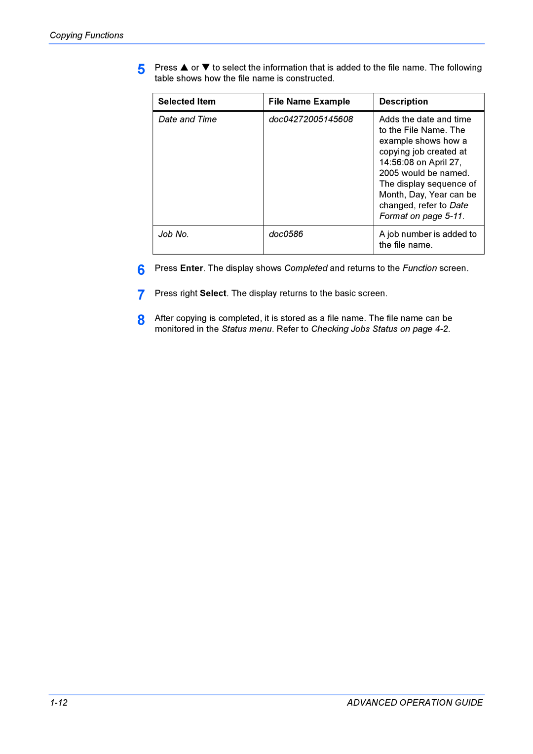 Kyocera KM-1820 manual Selected Item File Name Example Description 