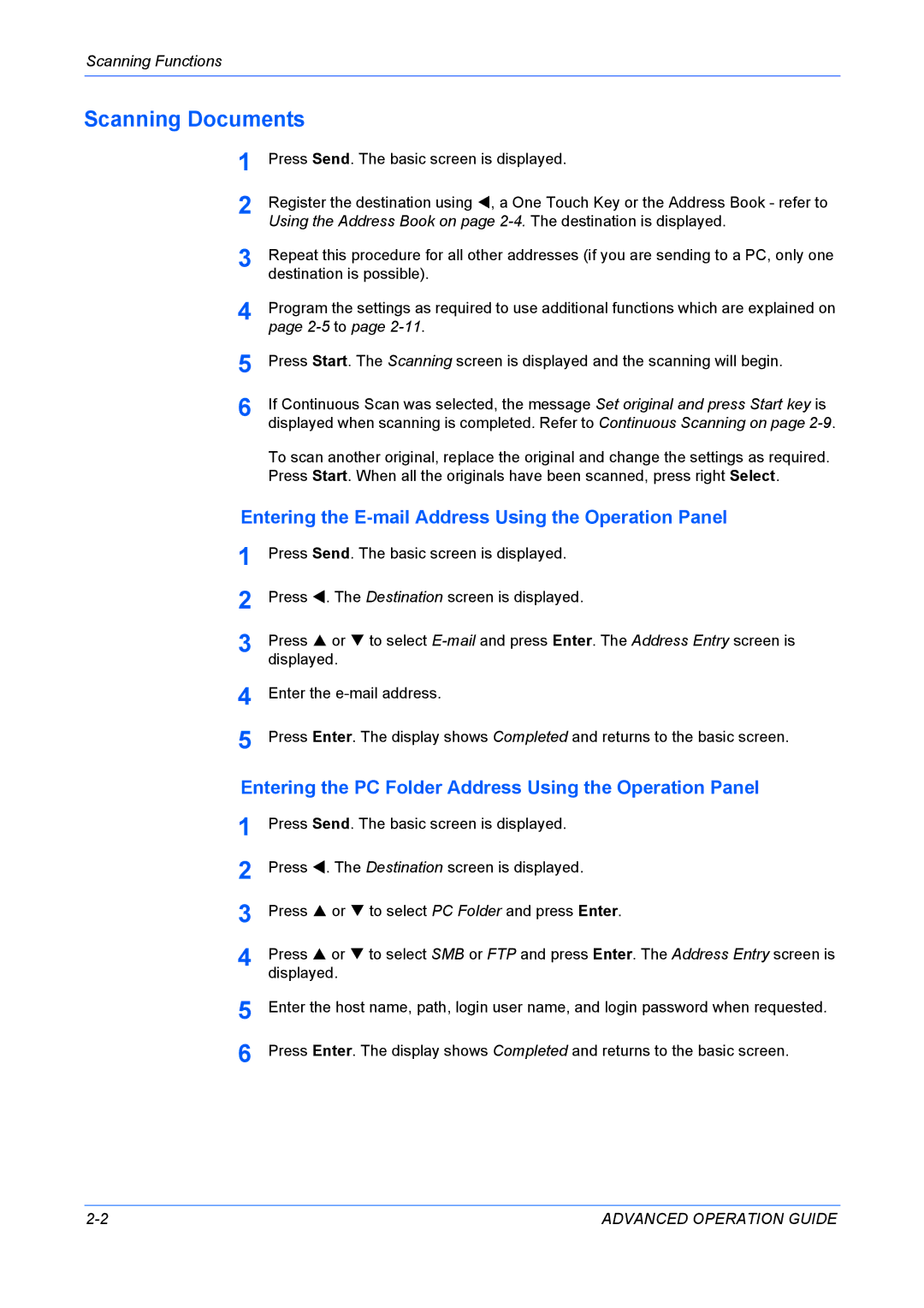 Kyocera KM-1820 manual Scanning Documents, Entering the E-mail Address Using the Operation Panel, Scanning Functions, 2-5to 