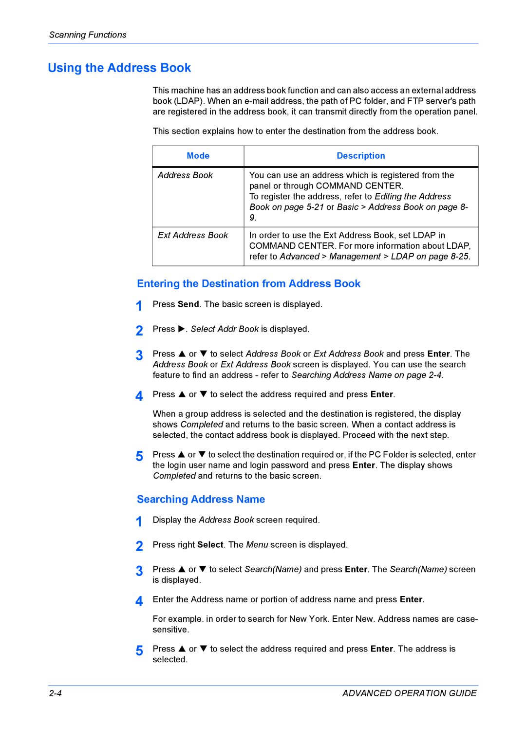 Kyocera KM-1820 manual Using the Address Book, Entering the Destination from Address Book, Searching Address Name 