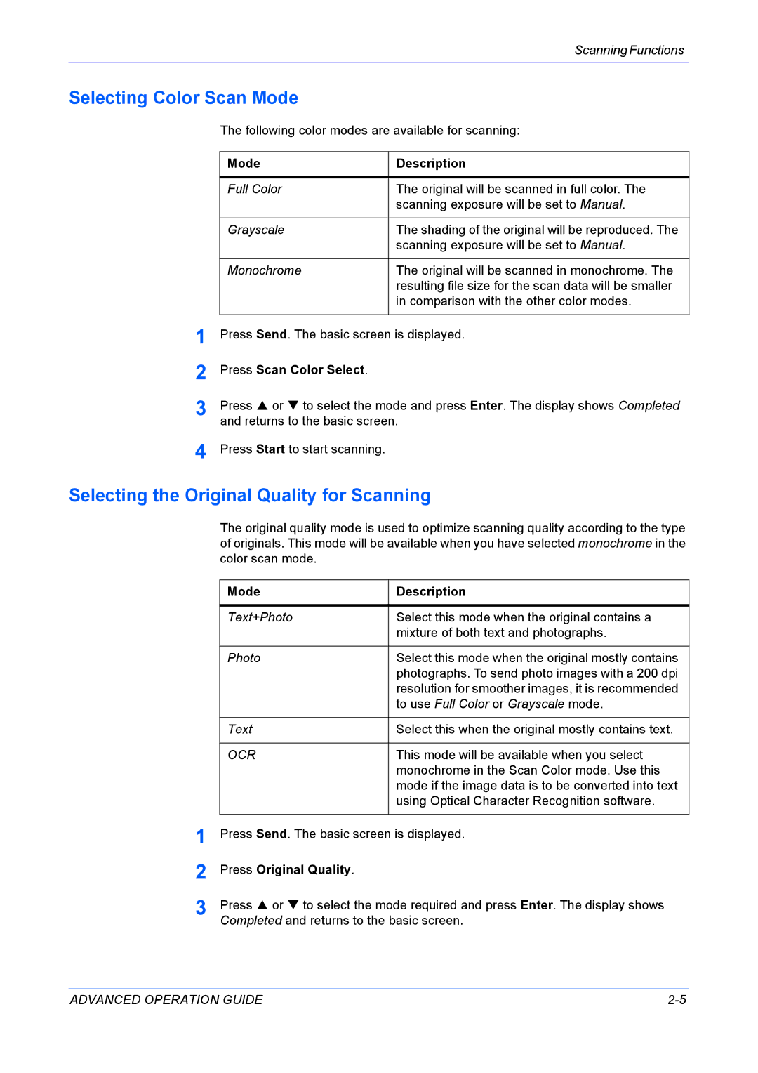 Kyocera KM-1820 manual Selecting Color Scan Mode, Selecting the Original Quality for Scanning, Press Scan Color Select 