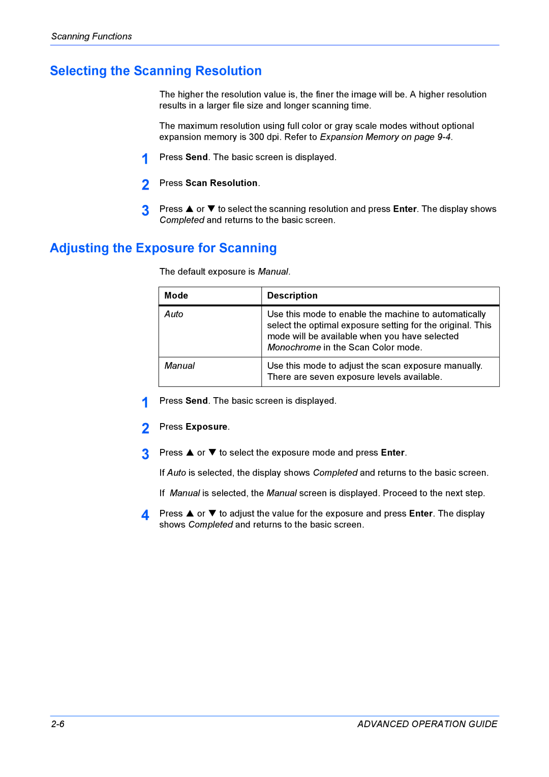 Kyocera KM-1820 manual Selecting the Scanning Resolution, Adjusting the Exposure for Scanning, Press Scan Resolution 