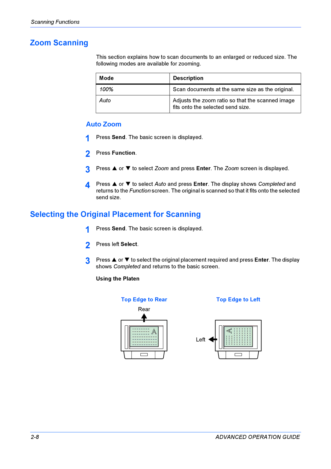 Kyocera KM-1820 manual Zoom Scanning, Selecting the Original Placement for Scanning, Auto Zoom, 100% Auto 