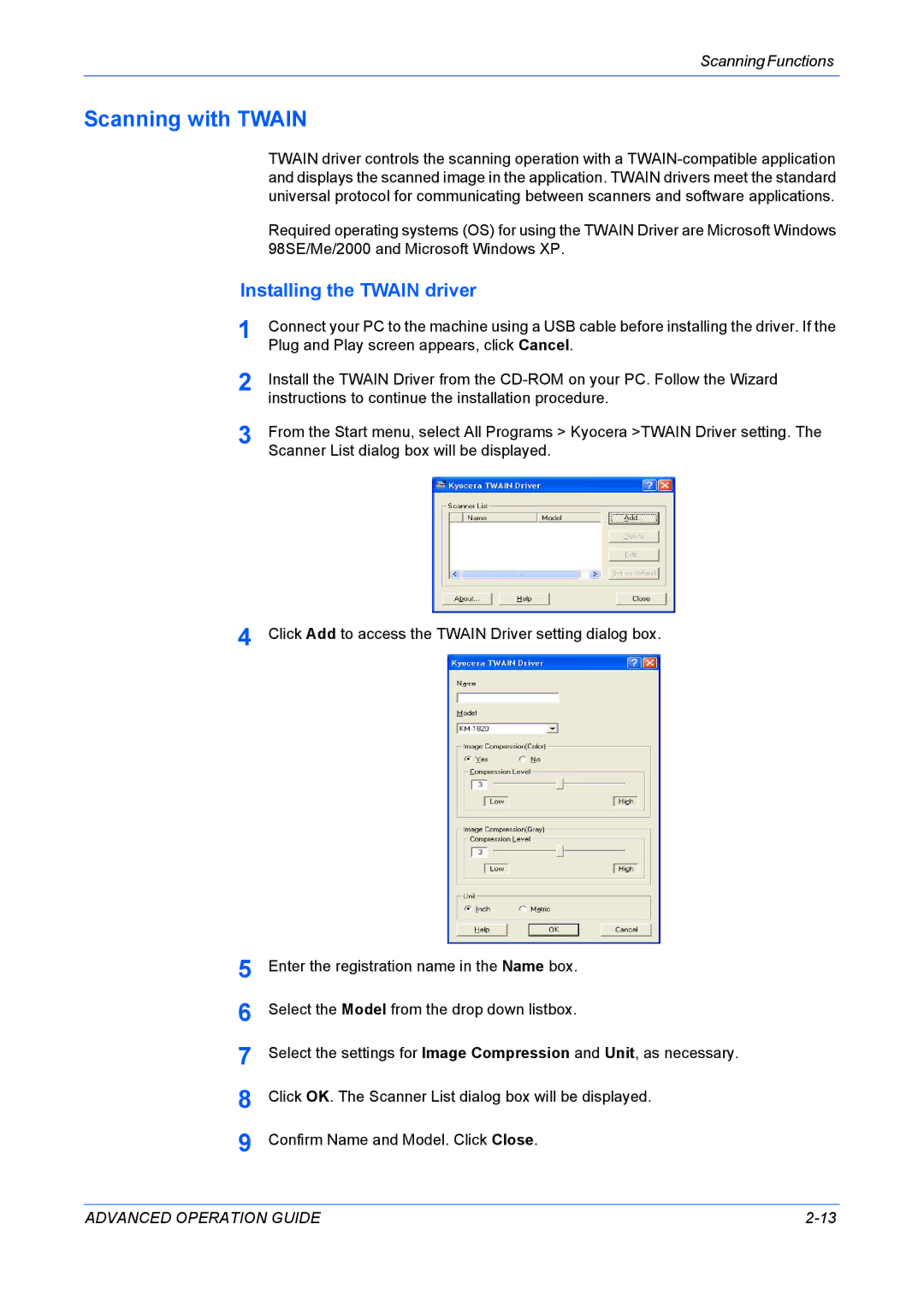 Kyocera KM-1820 manual Scanning with Twain, Installing the Twain driver 