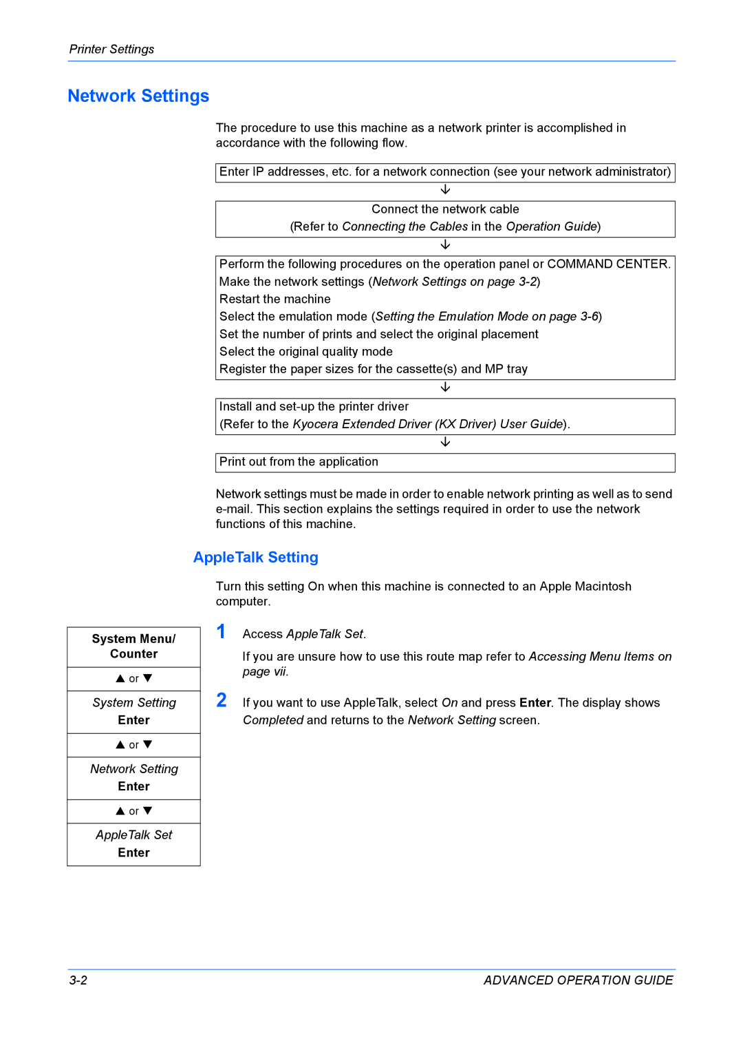 Kyocera KM-1820 manual Network Settings, AppleTalk Setting 