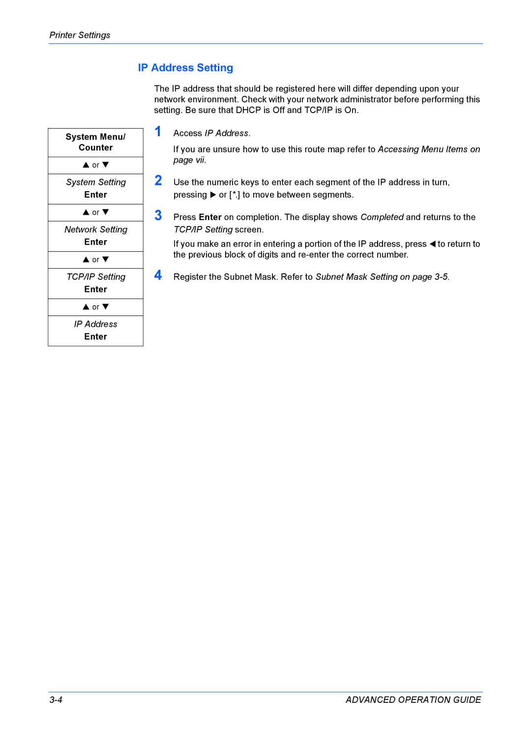 Kyocera KM-1820 manual IP Address Setting, Access IP Address, TCP/IP Setting screen 