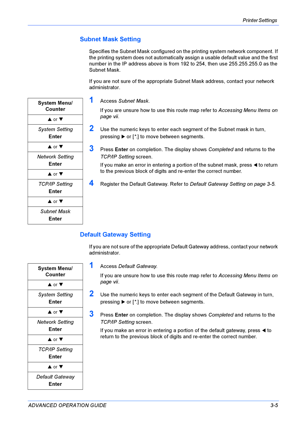 Kyocera KM-1820 manual Subnet Mask Setting, Default Gateway Setting 