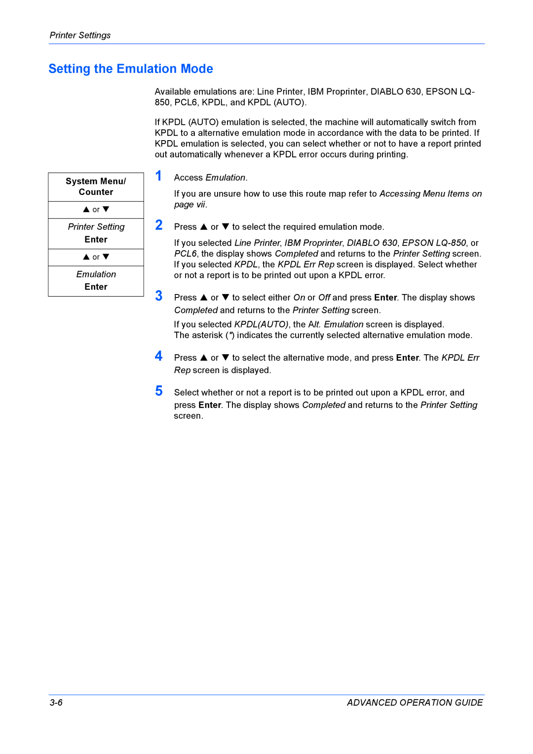 Kyocera KM-1820 manual Setting the Emulation Mode, Printer Setting, Access Emulation 