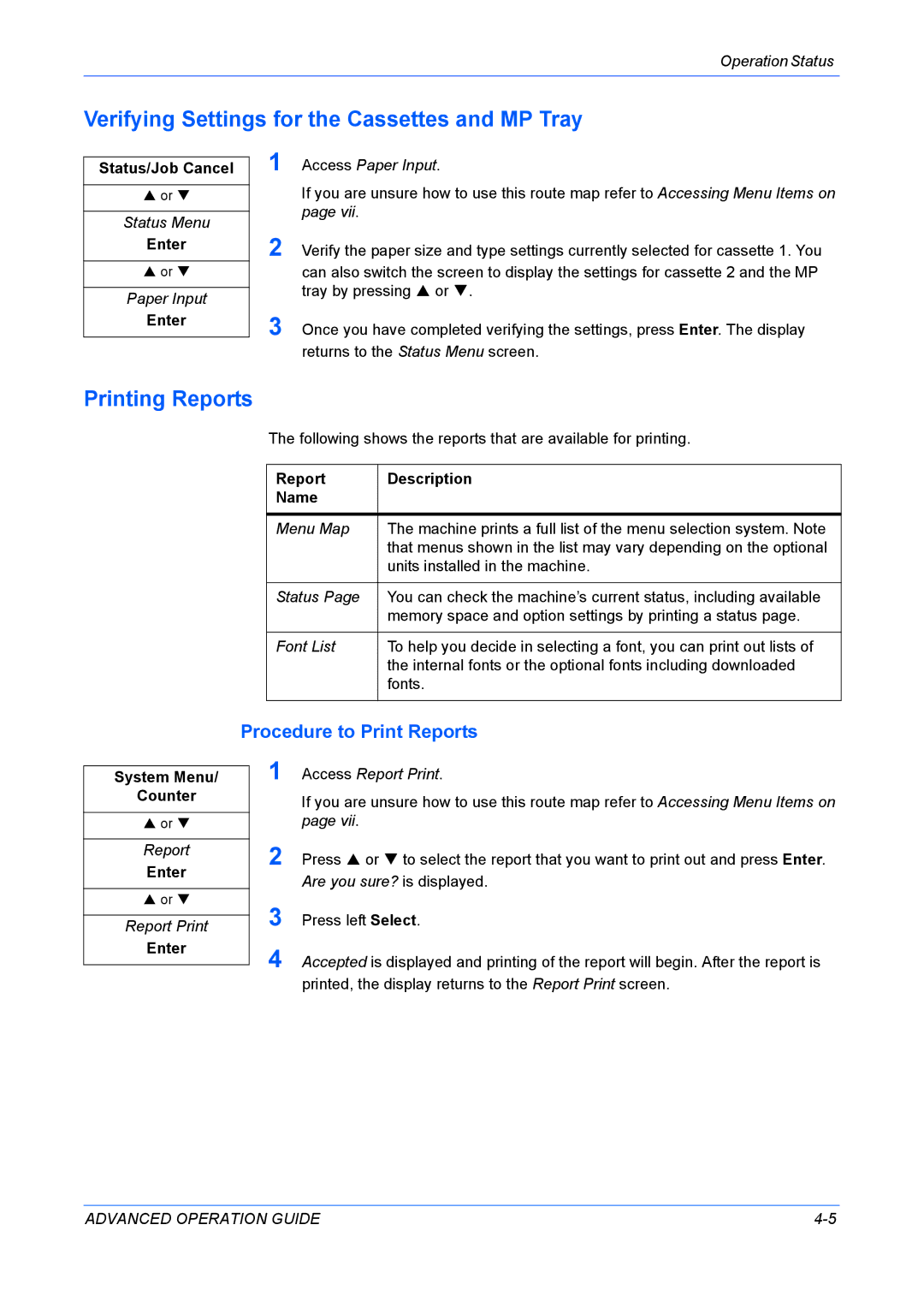 Kyocera KM-1820 manual Verifying Settings for the Cassettes and MP Tray, Printing Reports, Procedure to Print Reports 