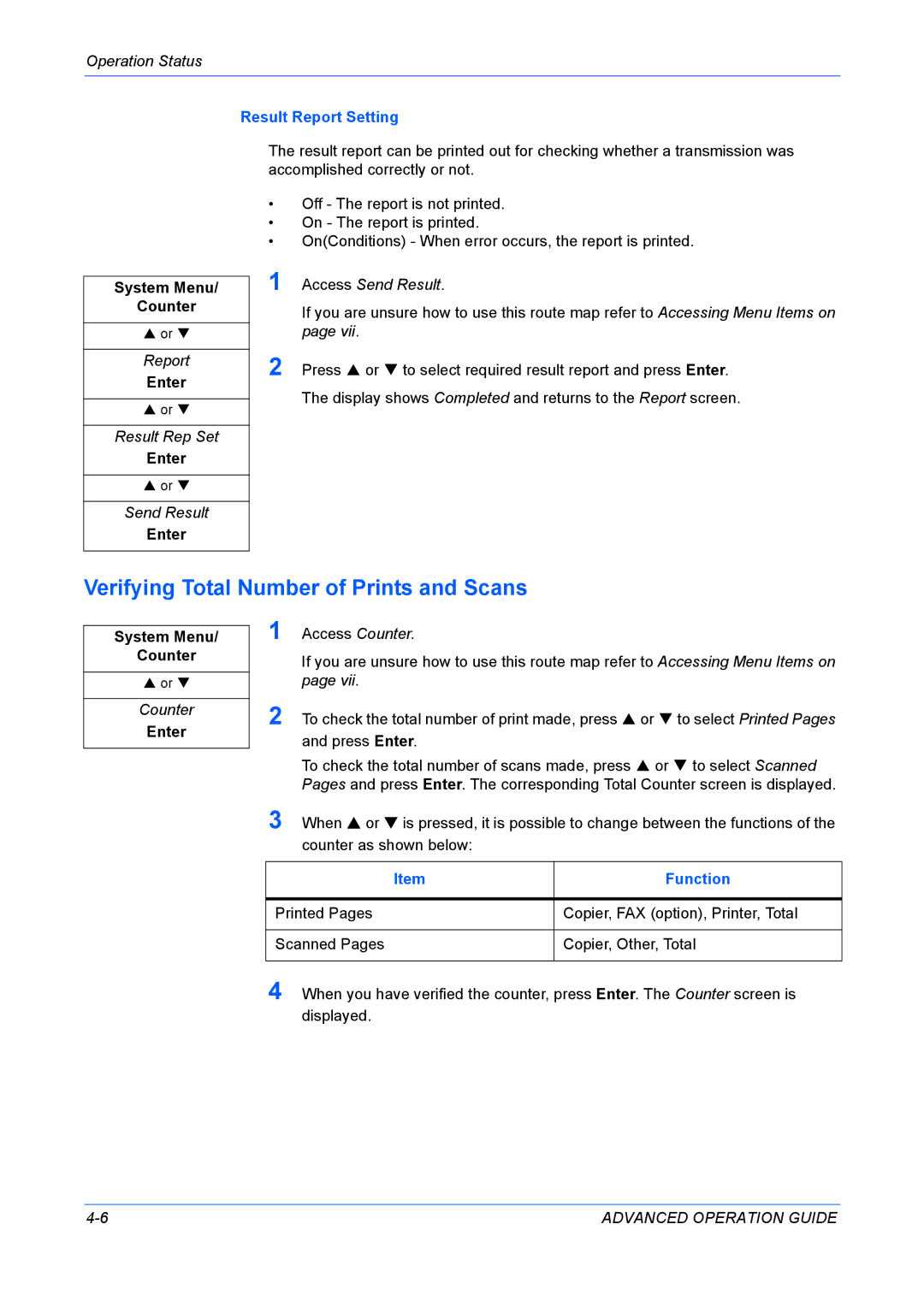 Kyocera KM-1820 manual Verifying Total Number of Prints and Scans, Result Report Setting, Function 