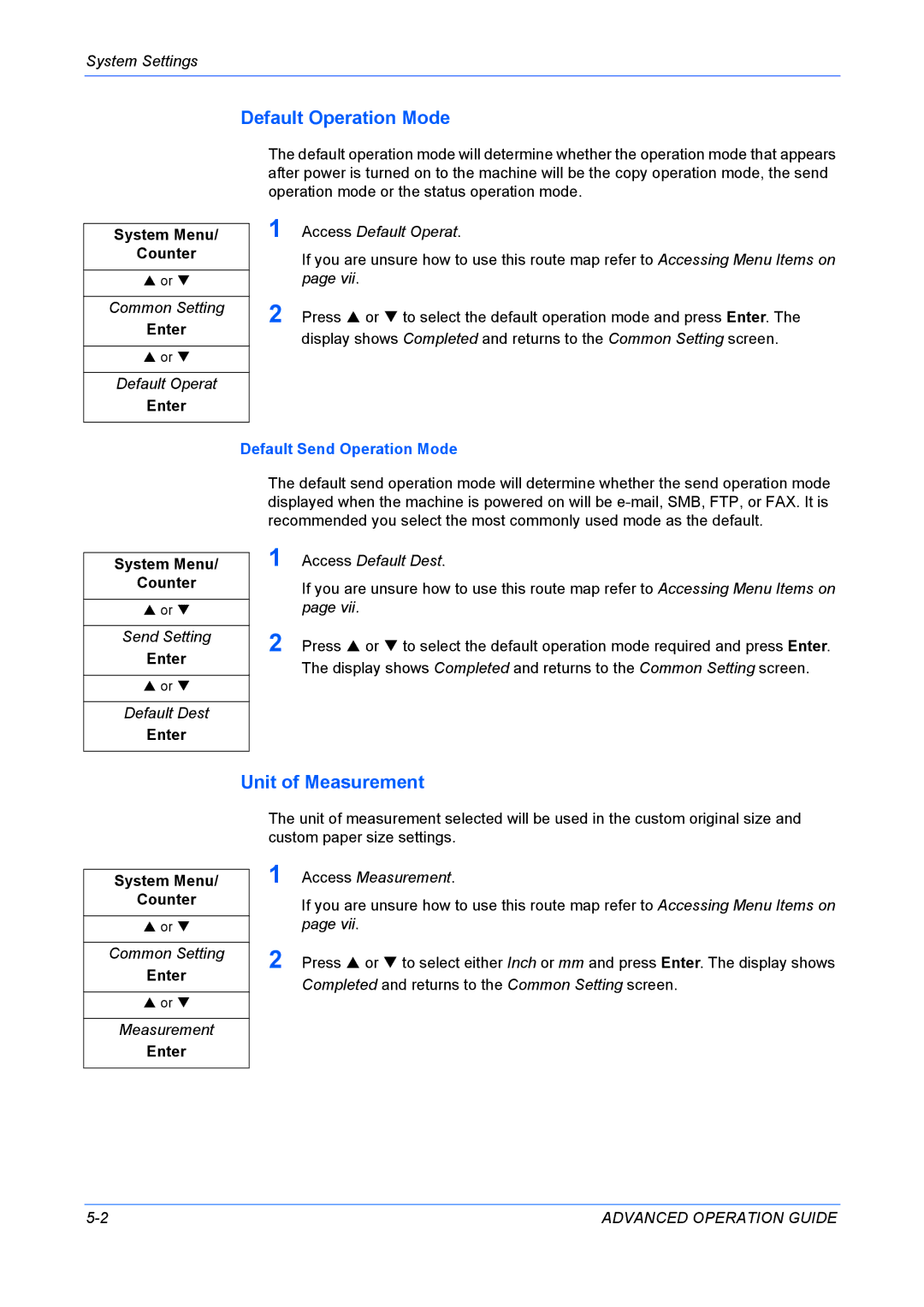 Kyocera KM-1820 manual Default Operation Mode, Unit of Measurement, Default Send Operation Mode 