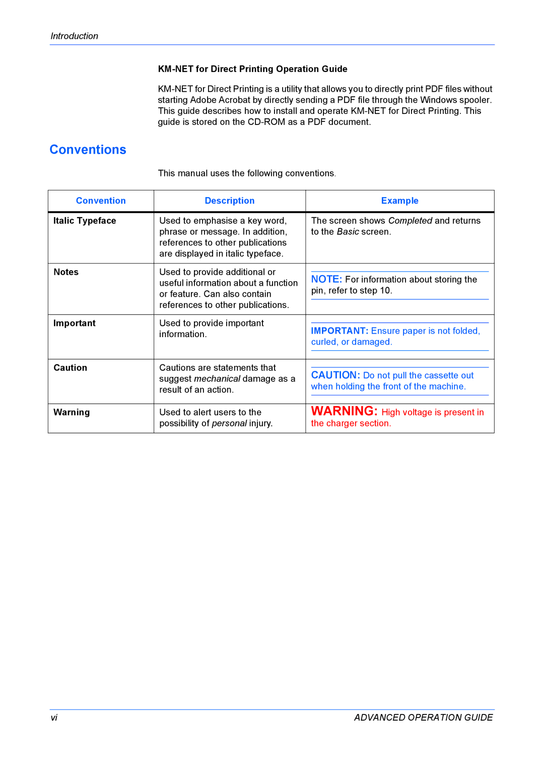 Kyocera KM-1820 Conventions, Introduction, KM-NET for Direct Printing Operation Guide, Convention Description Example 