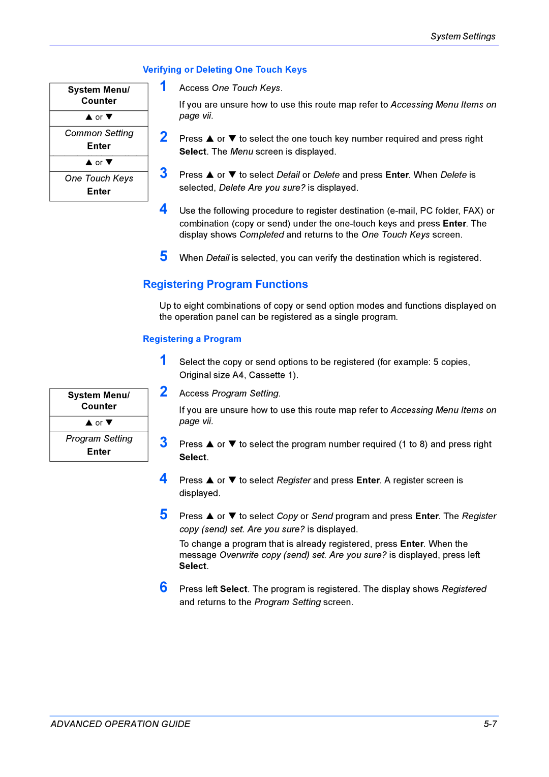 Kyocera KM-1820 manual Registering Program Functions, Verifying or Deleting One Touch Keys, Registering a Program, Select 