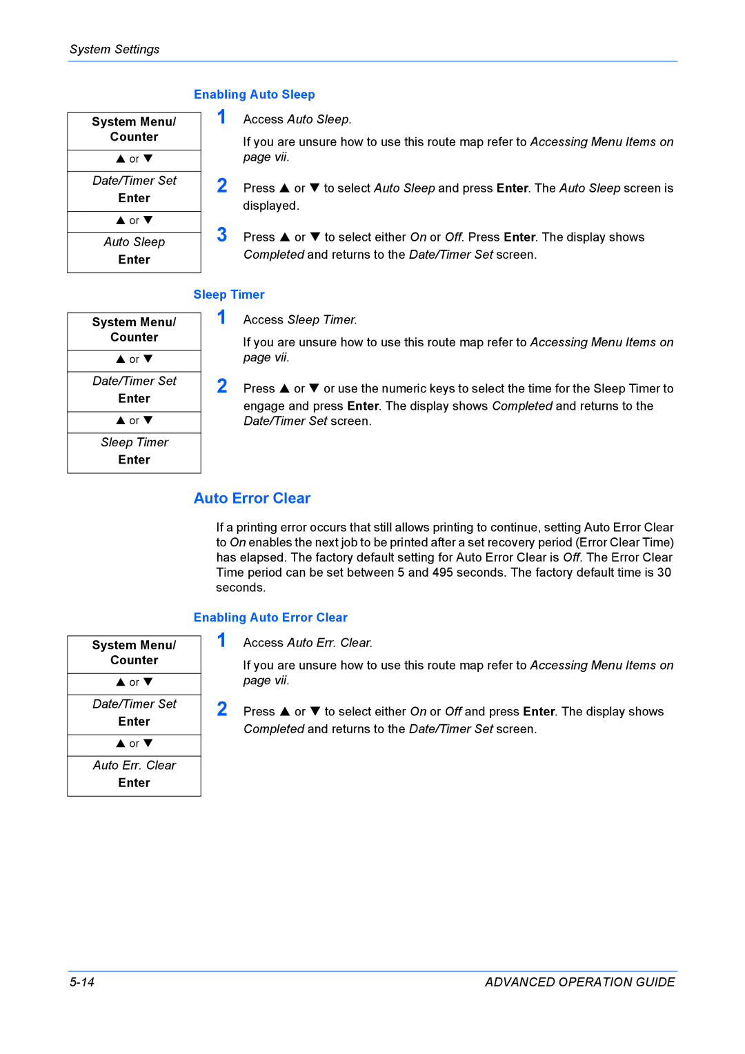 Kyocera KM-1820 manual Enabling Auto Sleep, Sleep Timer, Enabling Auto Error Clear 