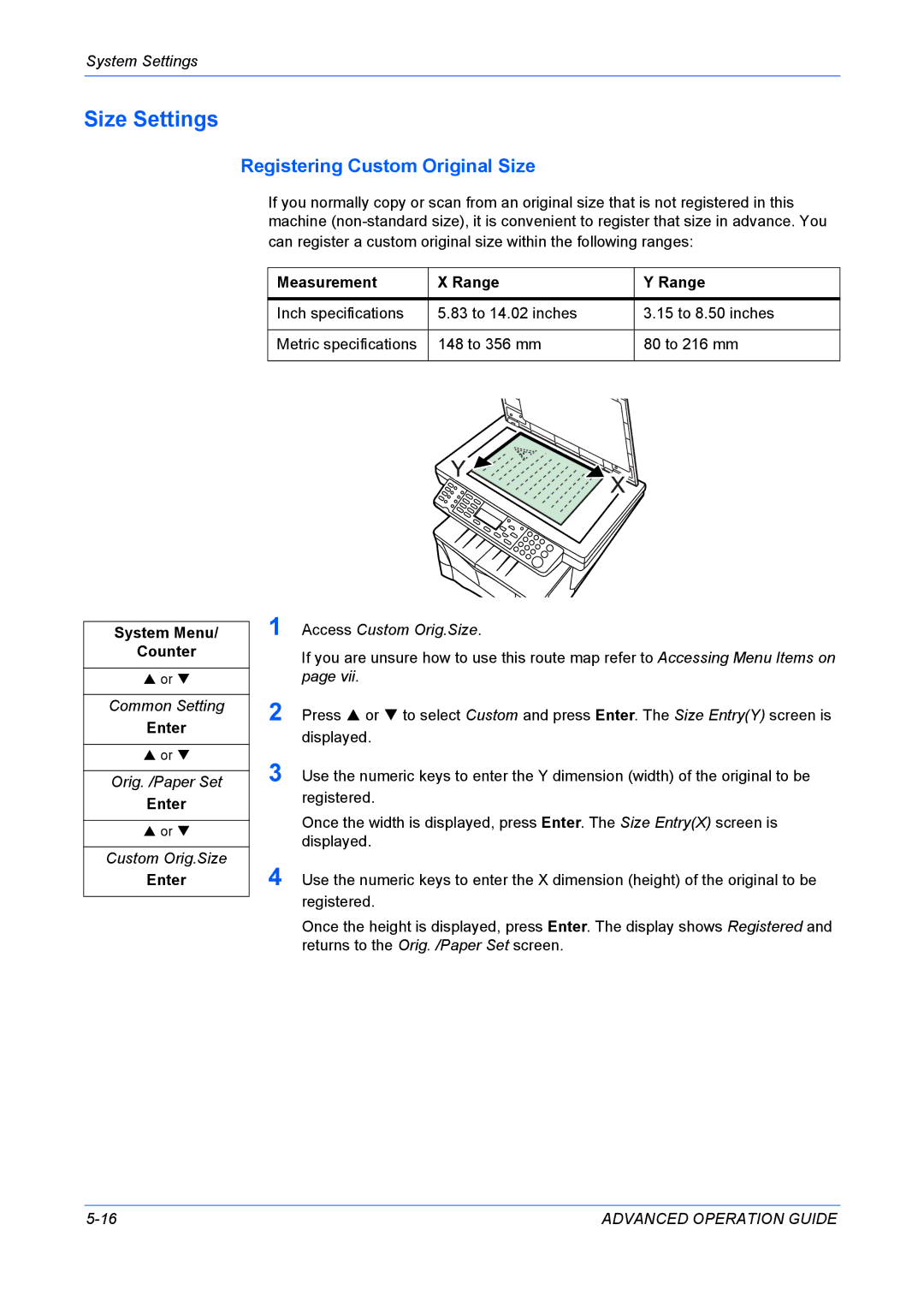 Kyocera KM-1820 manual Size Settings, Registering Custom Original Size, Measurement Range 