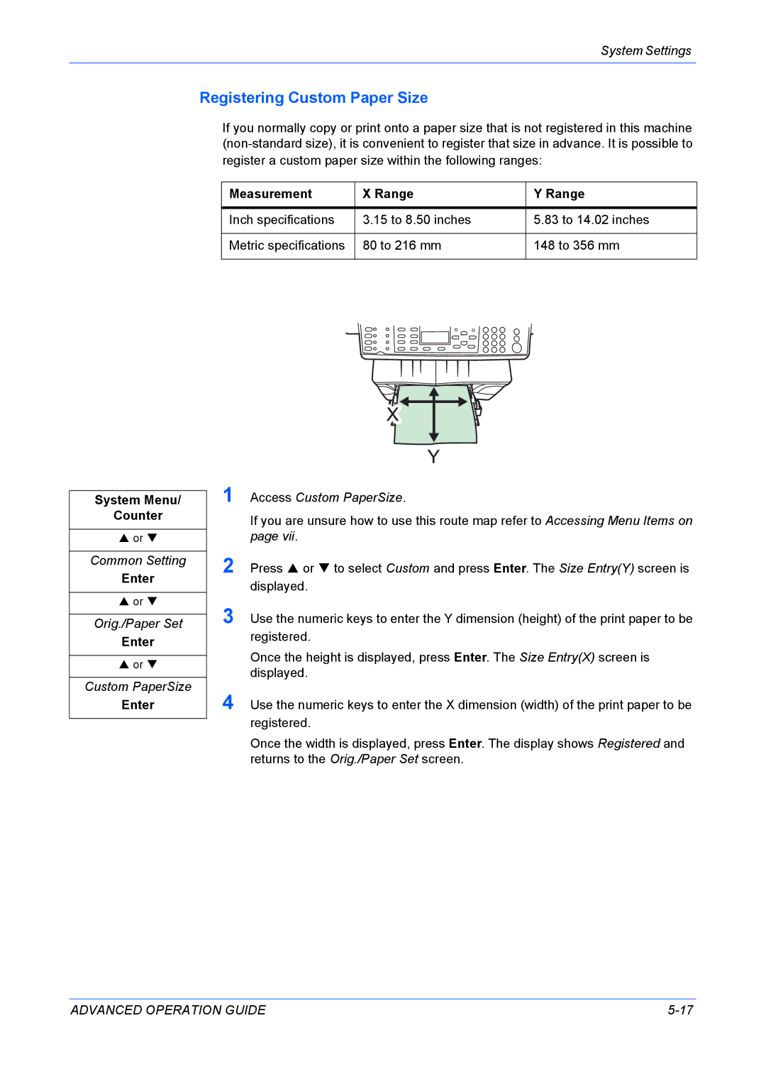 Kyocera KM-1820 manual Registering Custom Paper Size, Orig./Paper Set, Access Custom PaperSize 