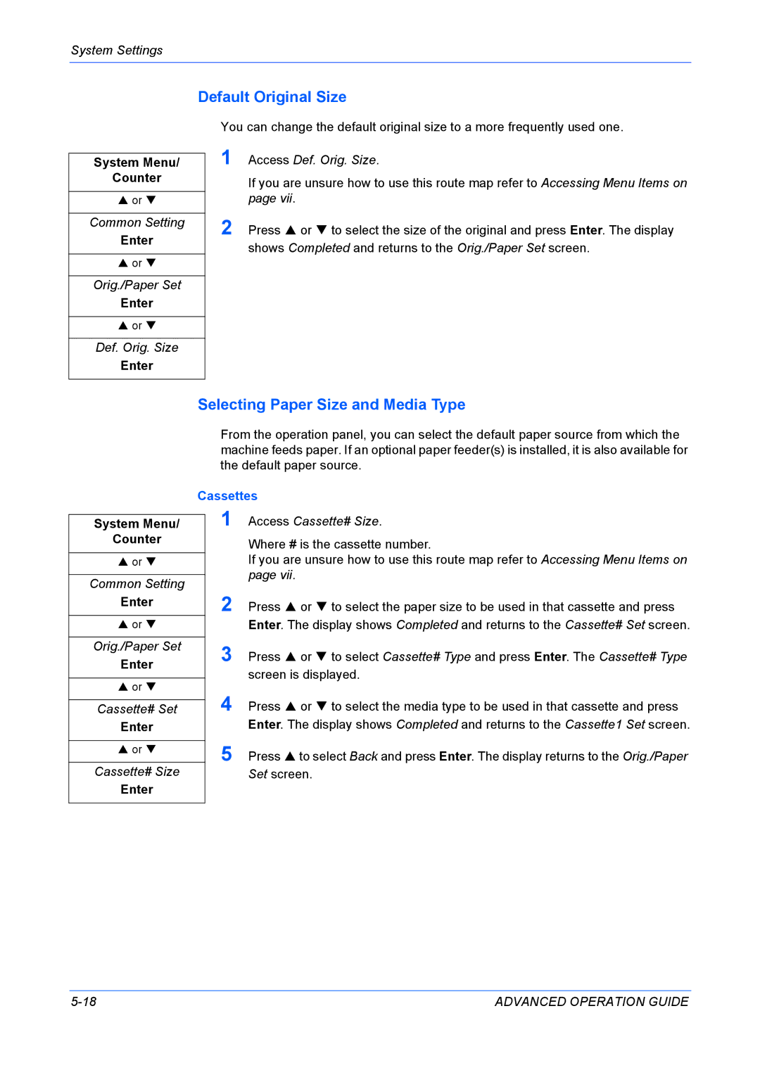 Kyocera KM-1820 manual Default Original Size, Selecting Paper Size and Media Type, Cassettes 