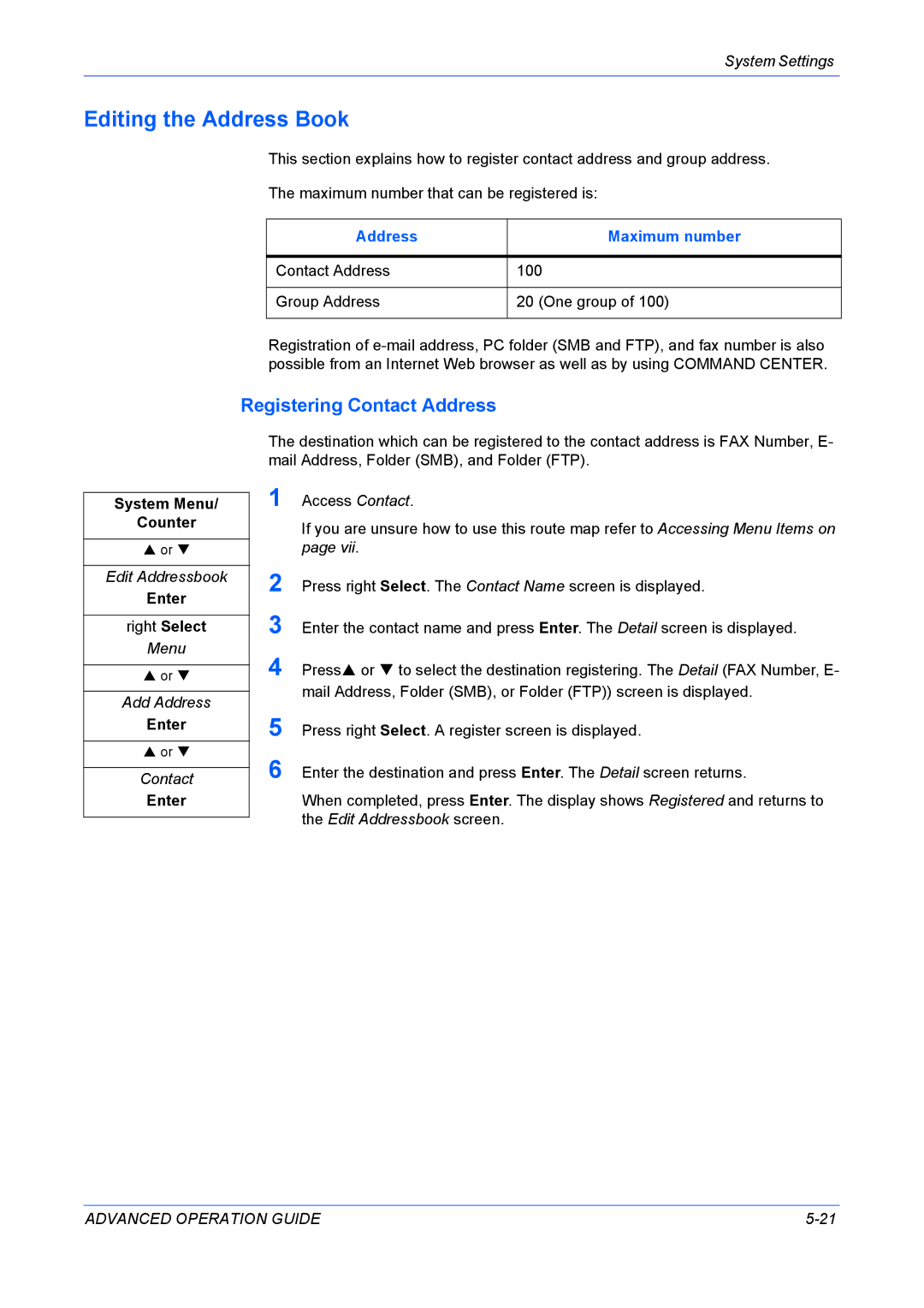 Kyocera KM-1820 manual Editing the Address Book, Registering Contact Address, Address Maximum number 