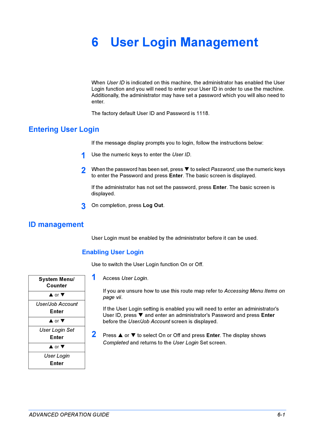 Kyocera KM-1820 manual User Login Management, Entering User Login, ID management, Enabling User Login 