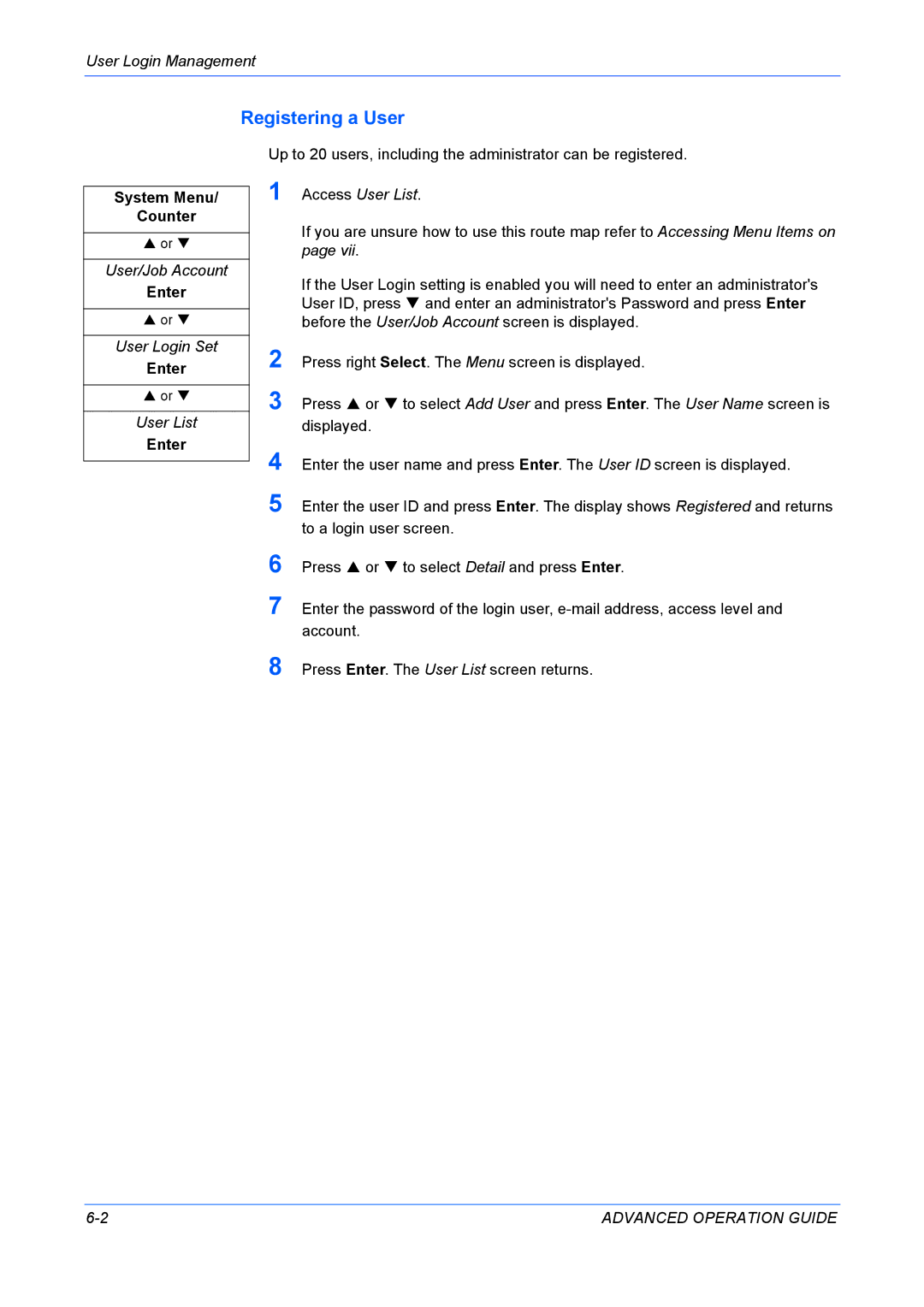 Kyocera KM-1820 manual Registering a User, User Login Management, Access User List 