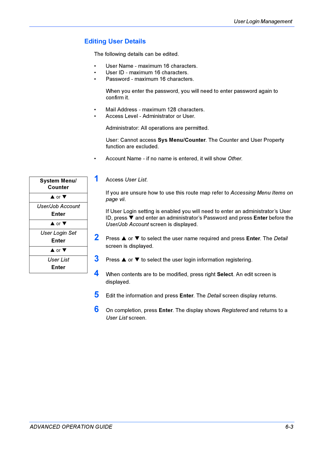 Kyocera KM-1820 manual Editing User Details, User List screen 