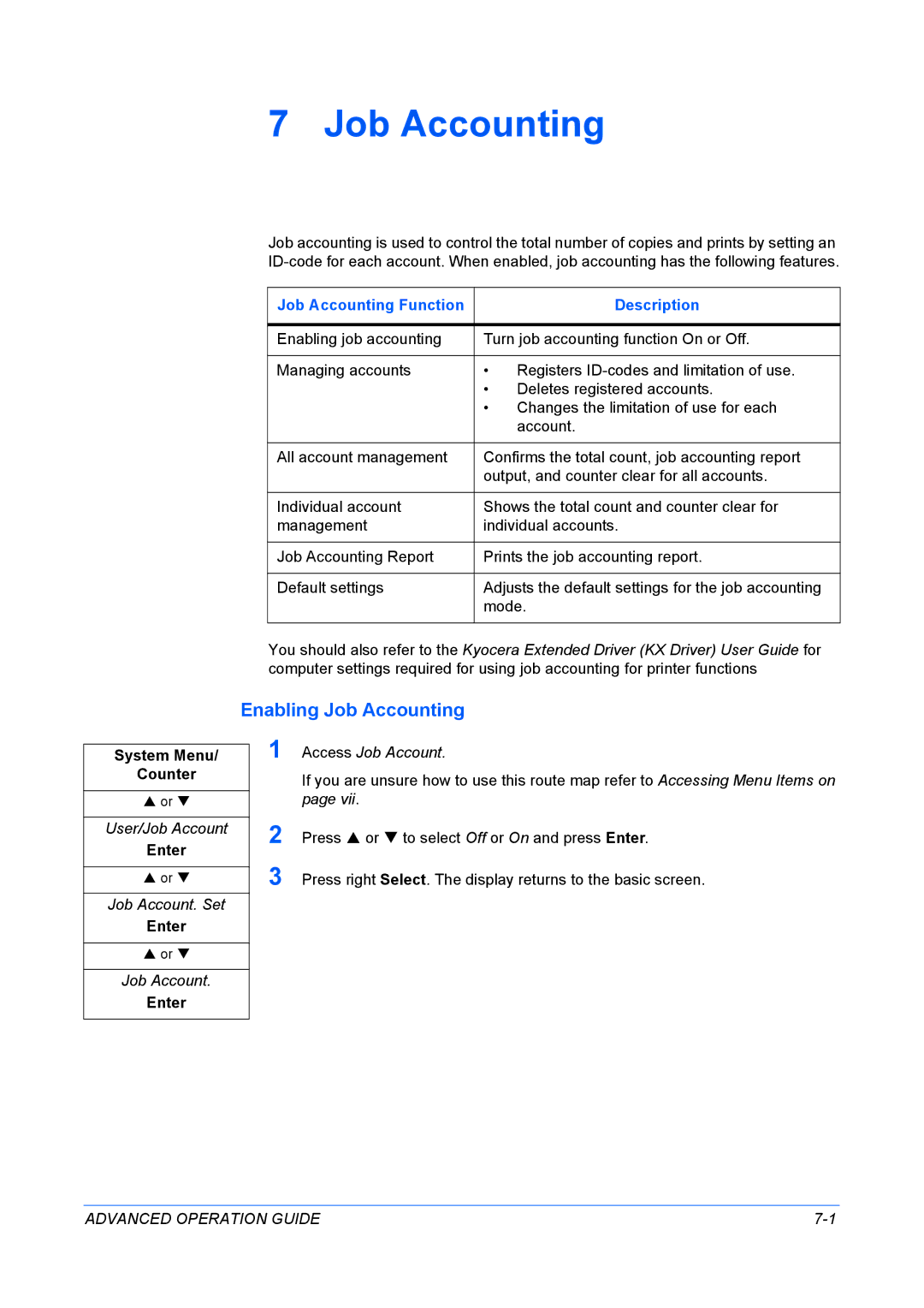 Kyocera KM-1820 manual Enabling Job Accounting, Job Accounting Function Description 