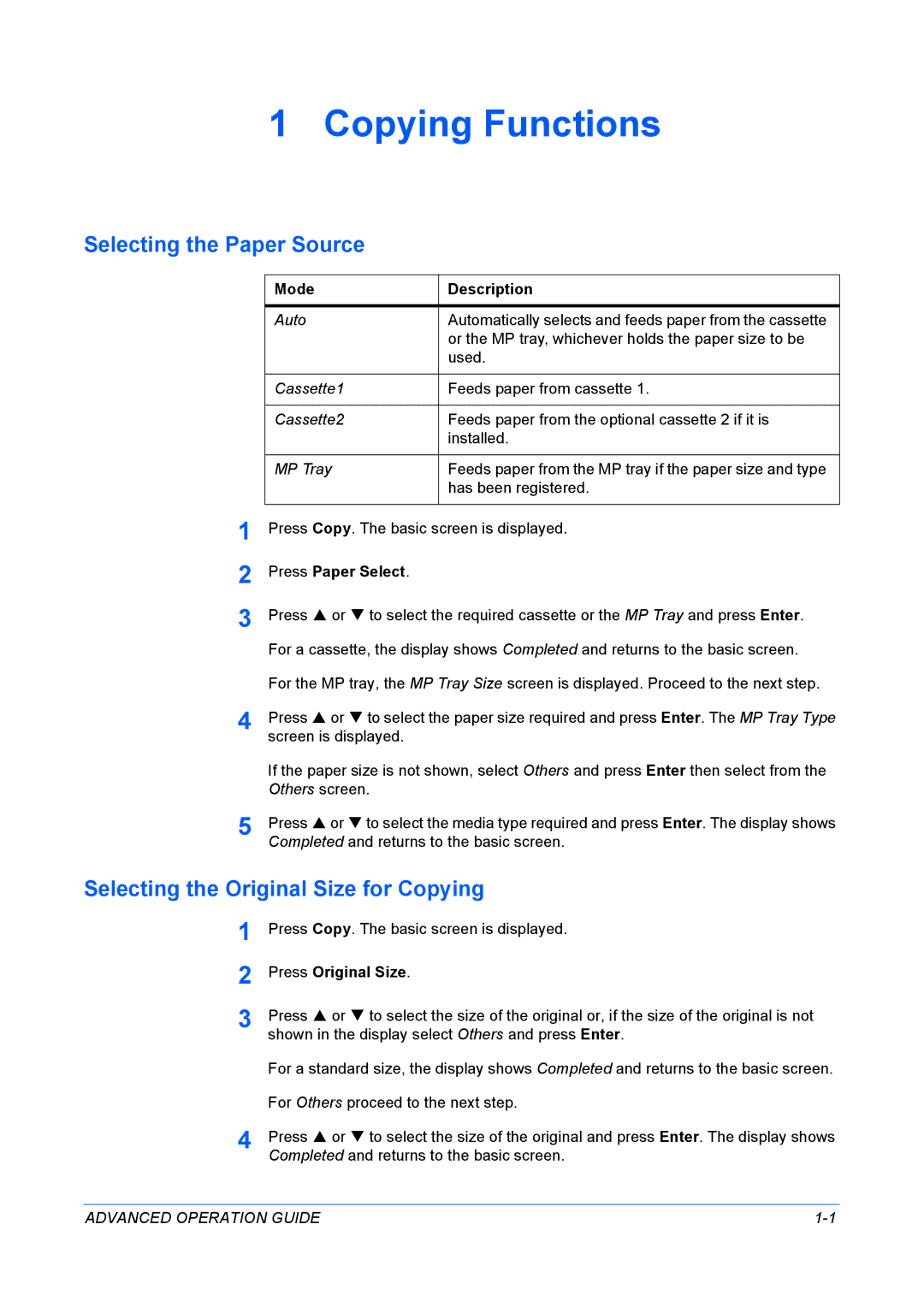 Kyocera KM-1820 Copying Functions, Selecting the Paper Source, Selecting the Original Size for Copying, Press Paper Select 