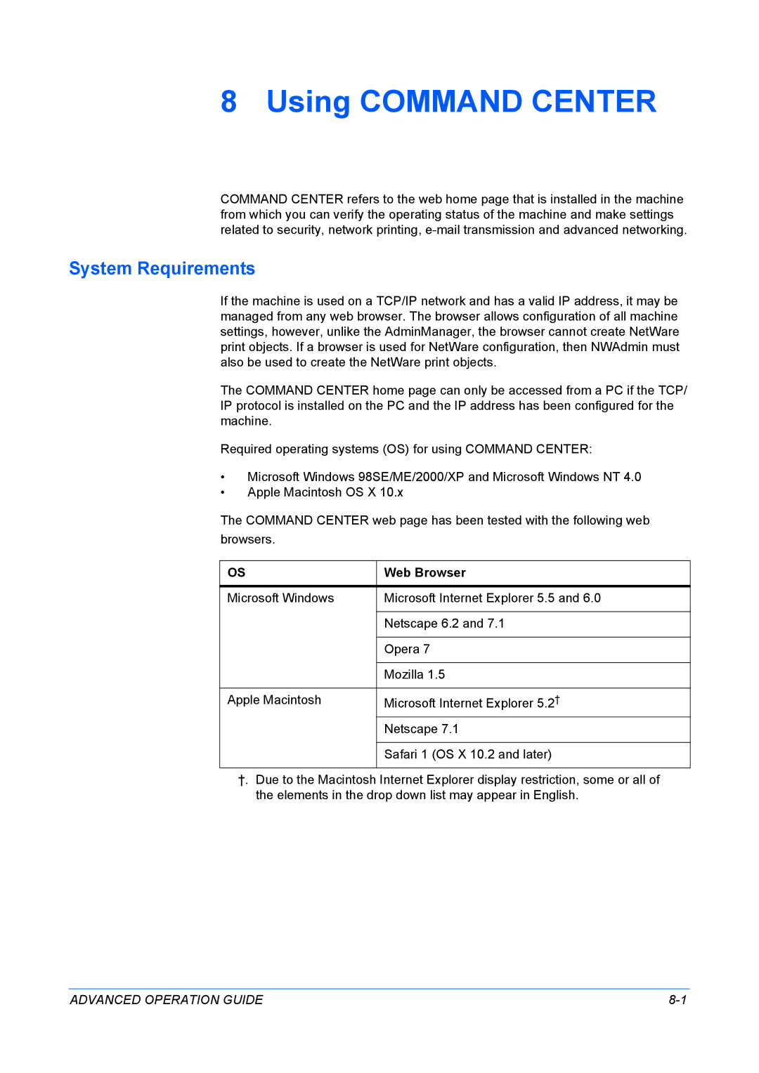 Kyocera KM-1820 manual Using Command Center, System Requirements, Web Browser 