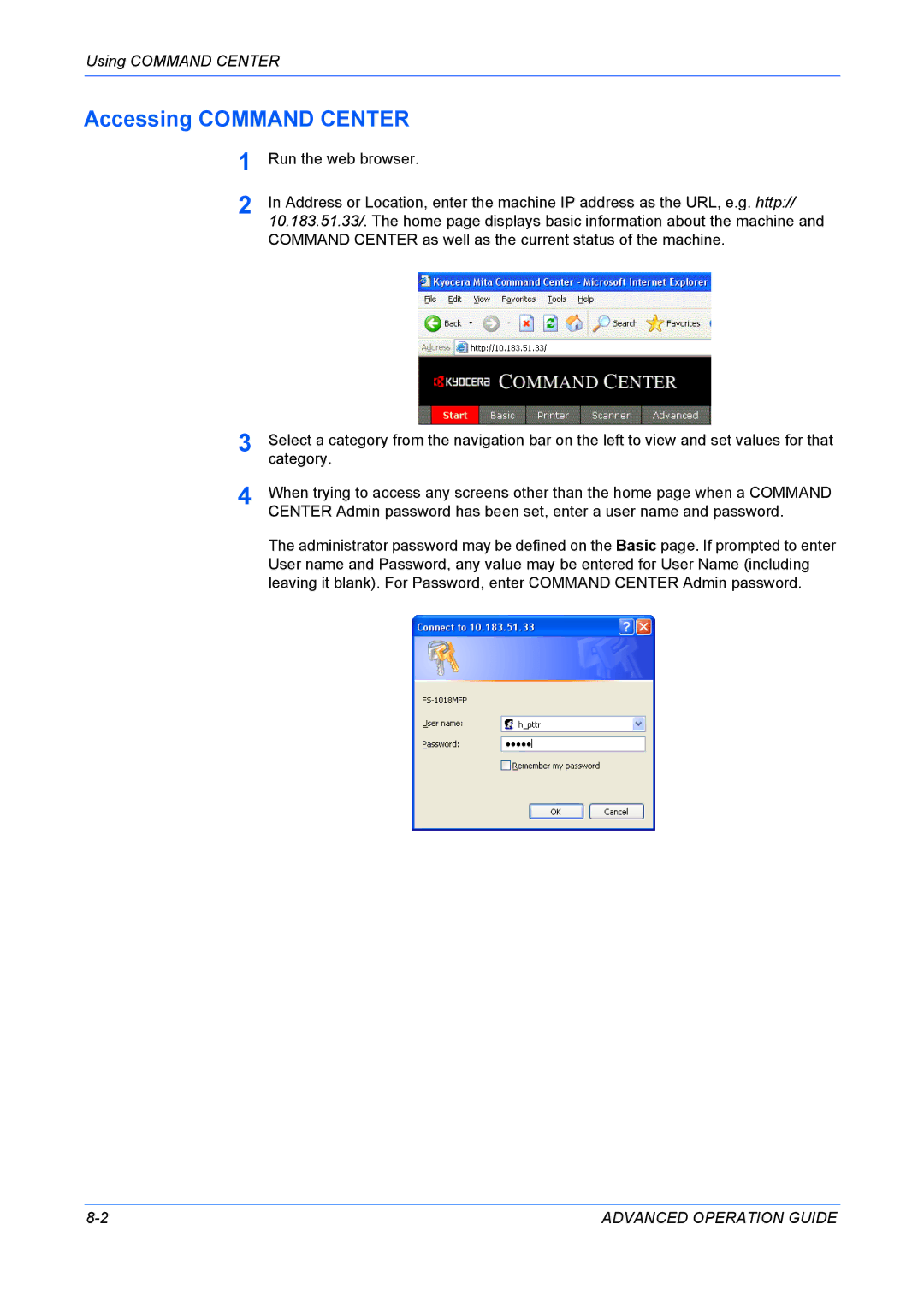 Kyocera KM-1820 manual Accessing Command Center, Using Command Center 