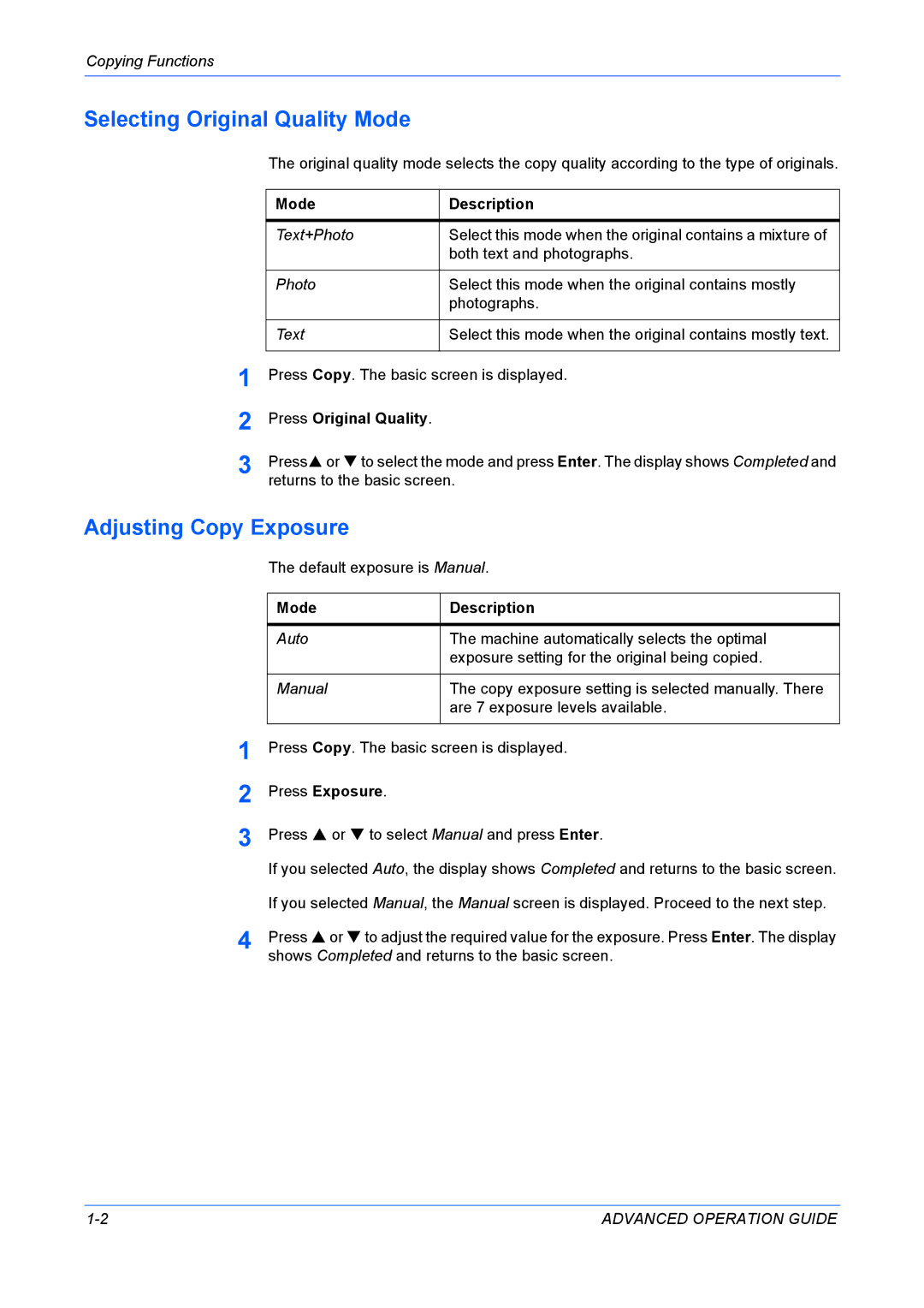 Kyocera KM-1820 manual Selecting Original Quality Mode, Adjusting Copy Exposure 