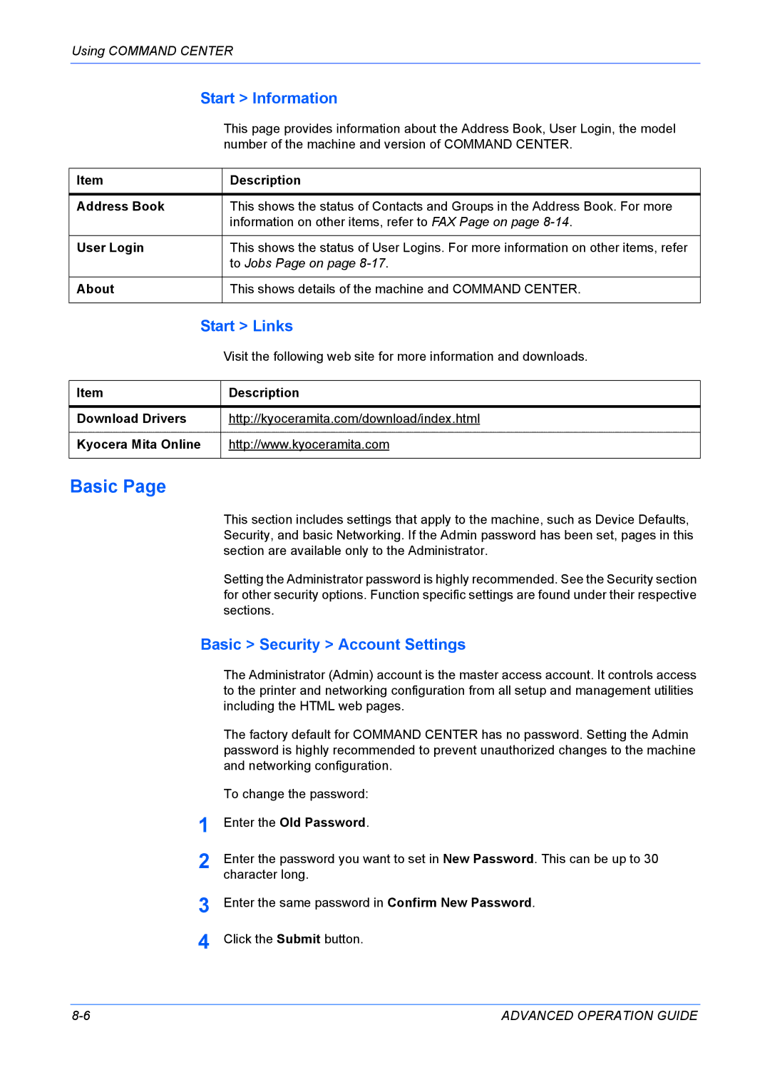 Kyocera KM-1820 manual Start Information, Start Links, Basic Security Account Settings 