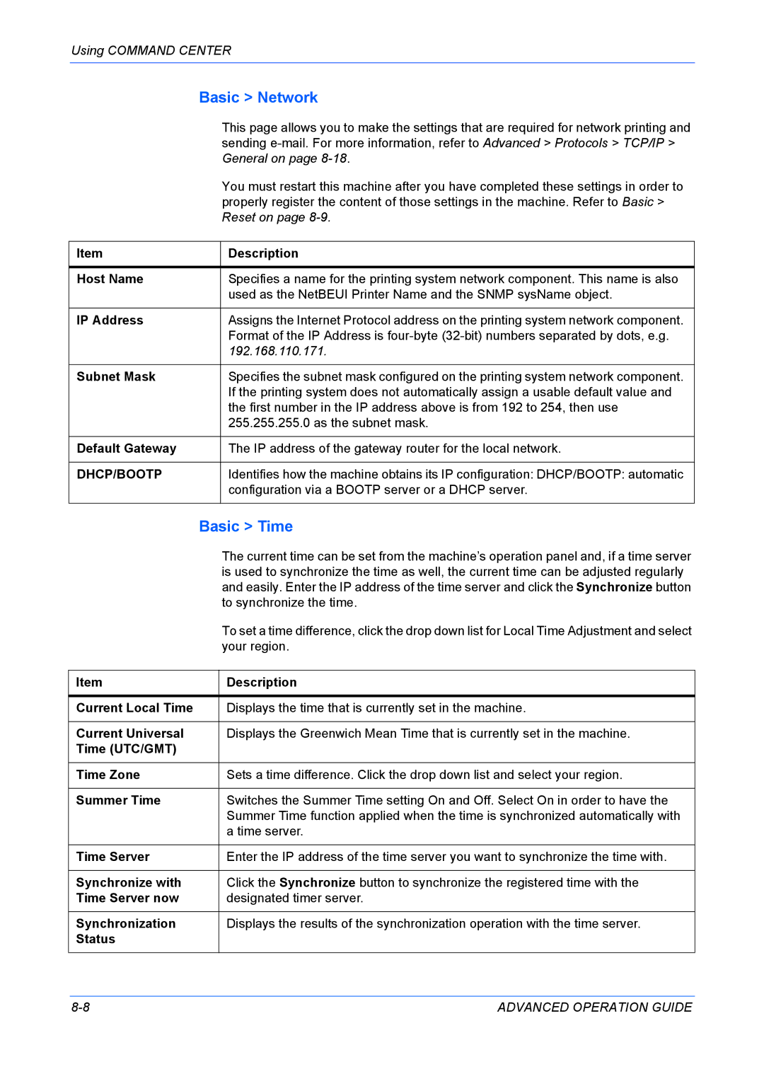 Kyocera KM-1820 manual Basic Network, Basic Time 