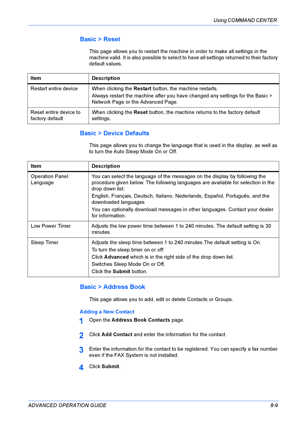 Kyocera KM-1820 manual Basic Reset, Basic Device Defaults, Basic Address Book, Adding a New Contact 