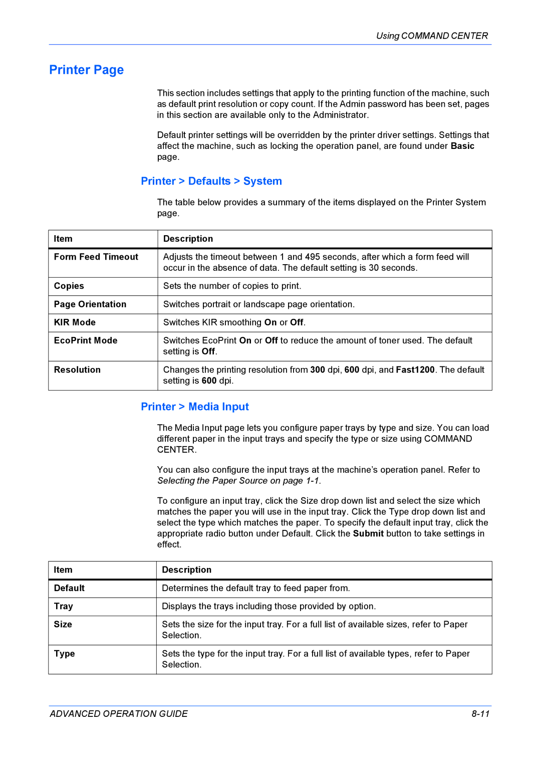 Kyocera KM-1820 manual Printer Defaults System, Printer Media Input 