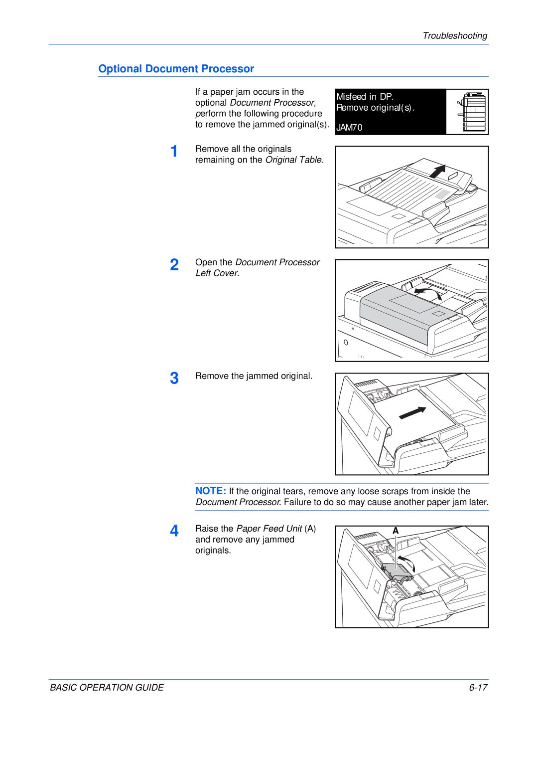 Kyocera KM-1650, KM-2050, KM-2550 manual Optional Document Processor, Misfeed in DP Remove originals 