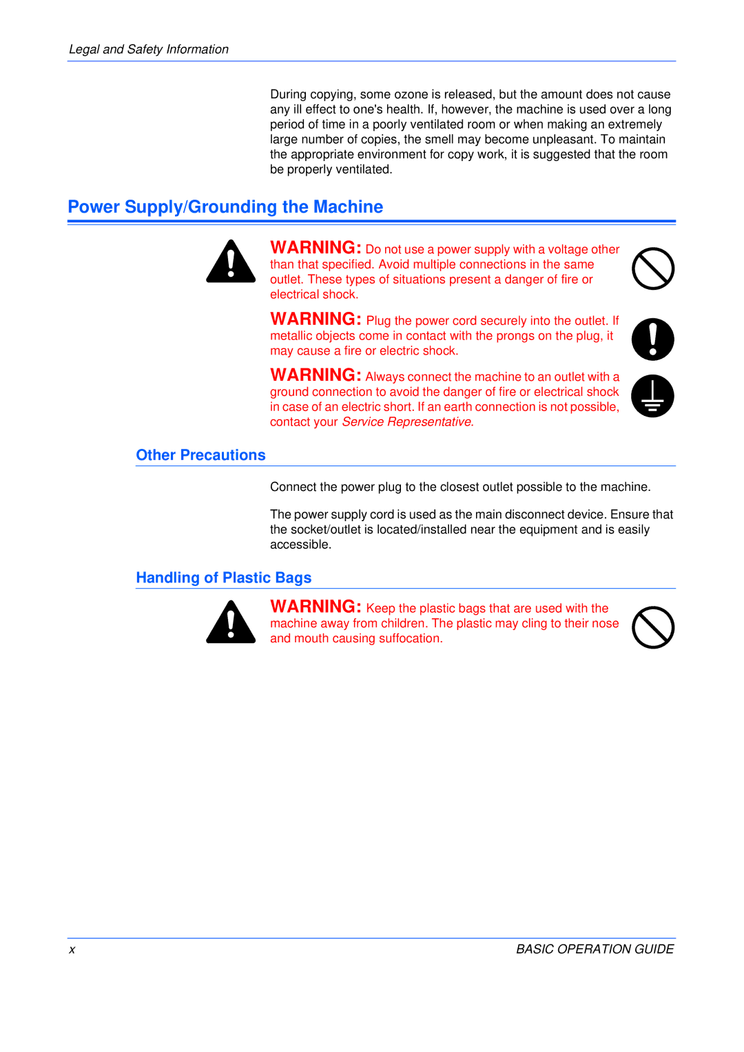 Kyocera KM-2050, KM-2550, KM-1650 manual Power Supply/Grounding the Machine, Handling of Plastic Bags 