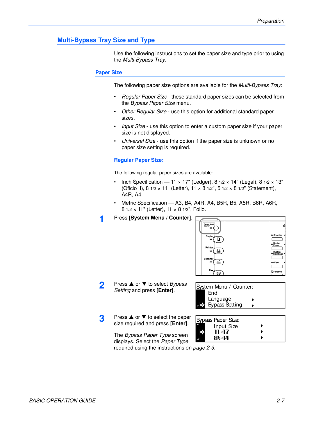 Kyocera KM-2050, KM-2550, KM-1650 manual Multi-Bypass Tray Size and Type, Regular Paper Size, Press System Menu / Counter 