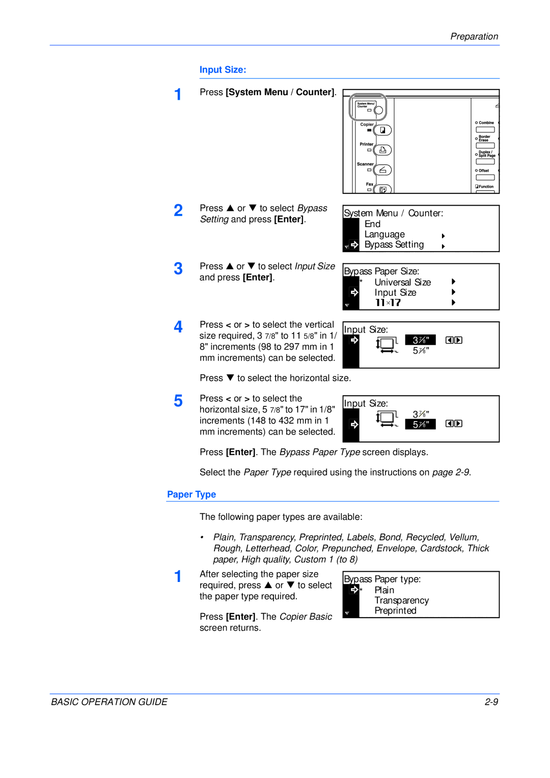 Kyocera KM-1650, KM-2050, KM-2550 manual Input Size, Paper Type, Press Enter. The Copier Basic screen returns 