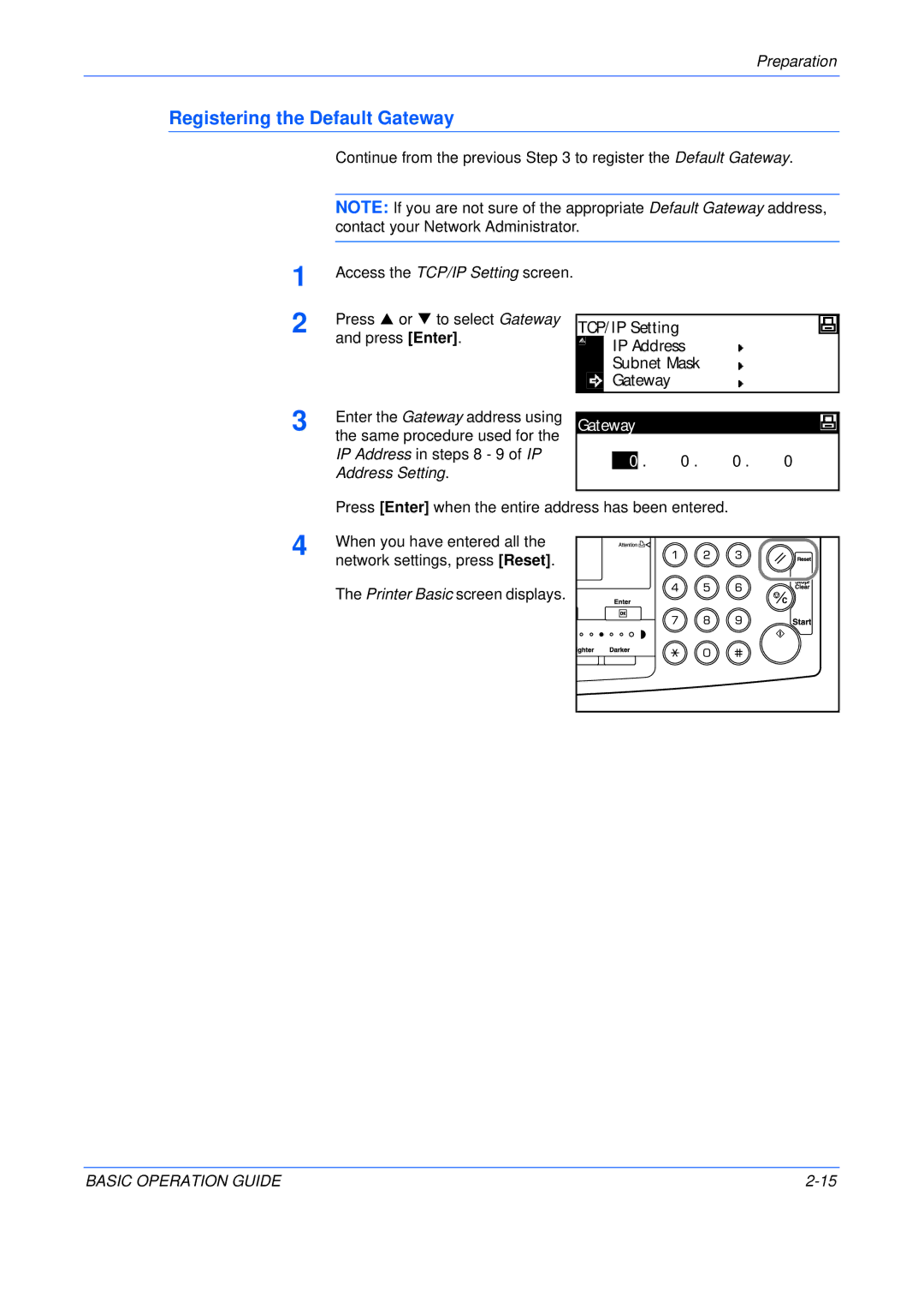 Kyocera KM-1650, KM-2050, KM-2550 manual Registering the Default Gateway 