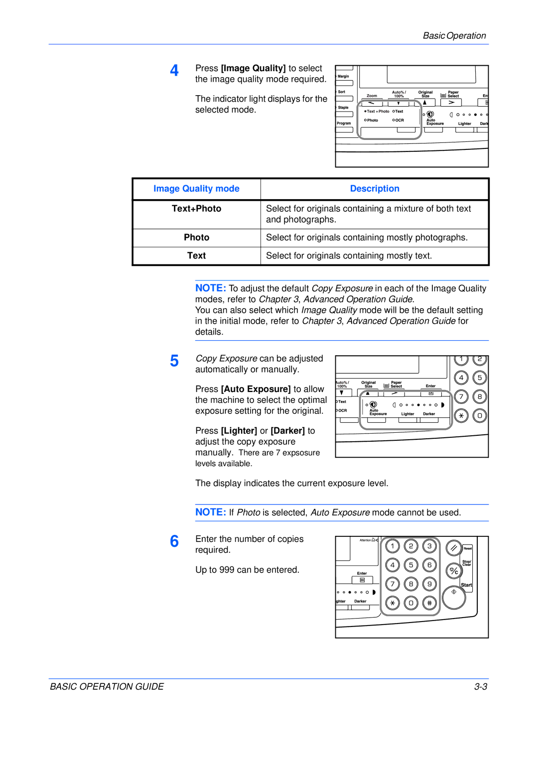 Kyocera KM-1650, KM-2050, KM-2550 Image quality mode required, Indicator light displays for, Selected mode, Photographs 