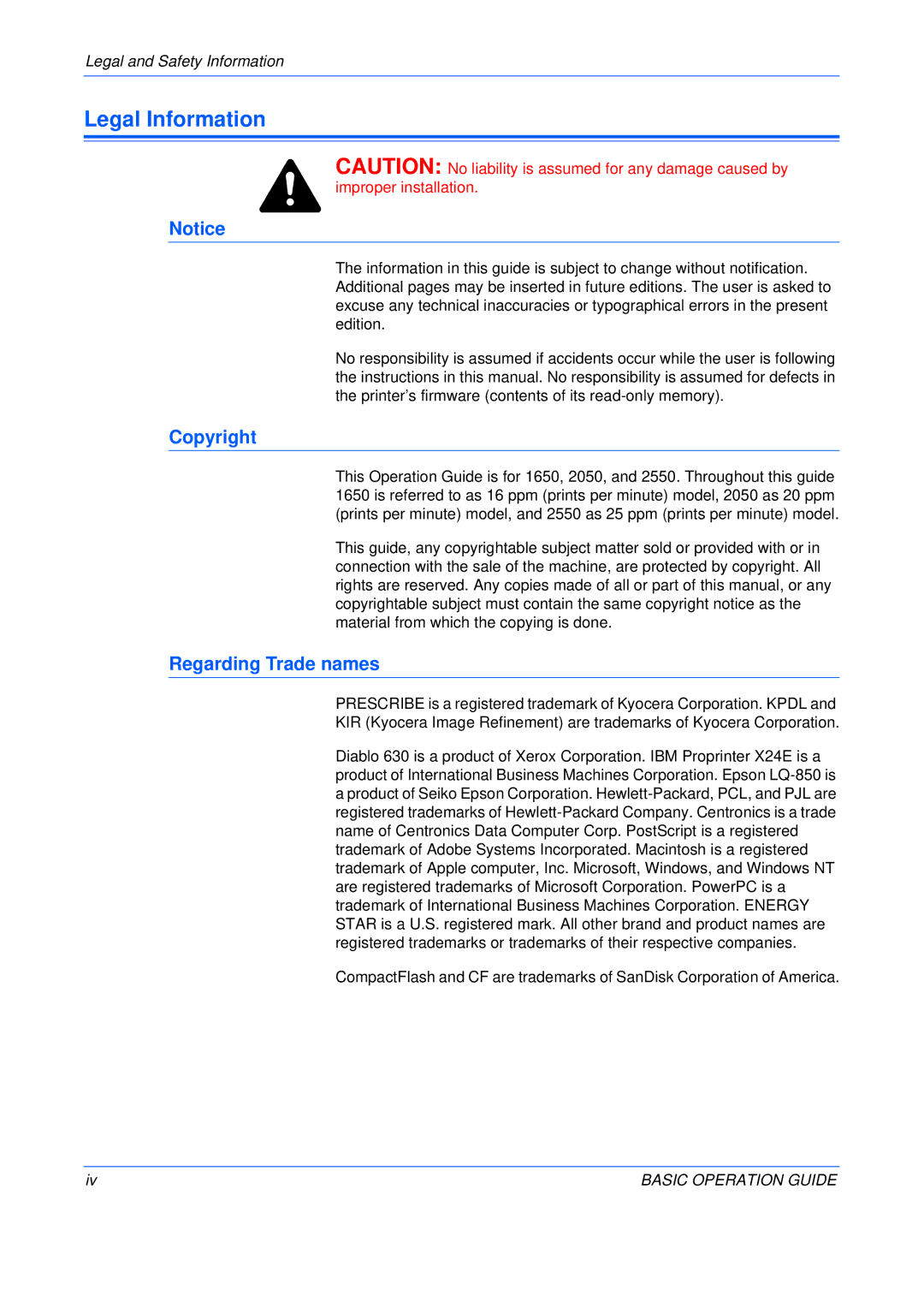 Kyocera KM-2050, KM-2550, KM-1650 manual Legal Information, Copyright, Regarding Trade names, Legal and Safety Information 