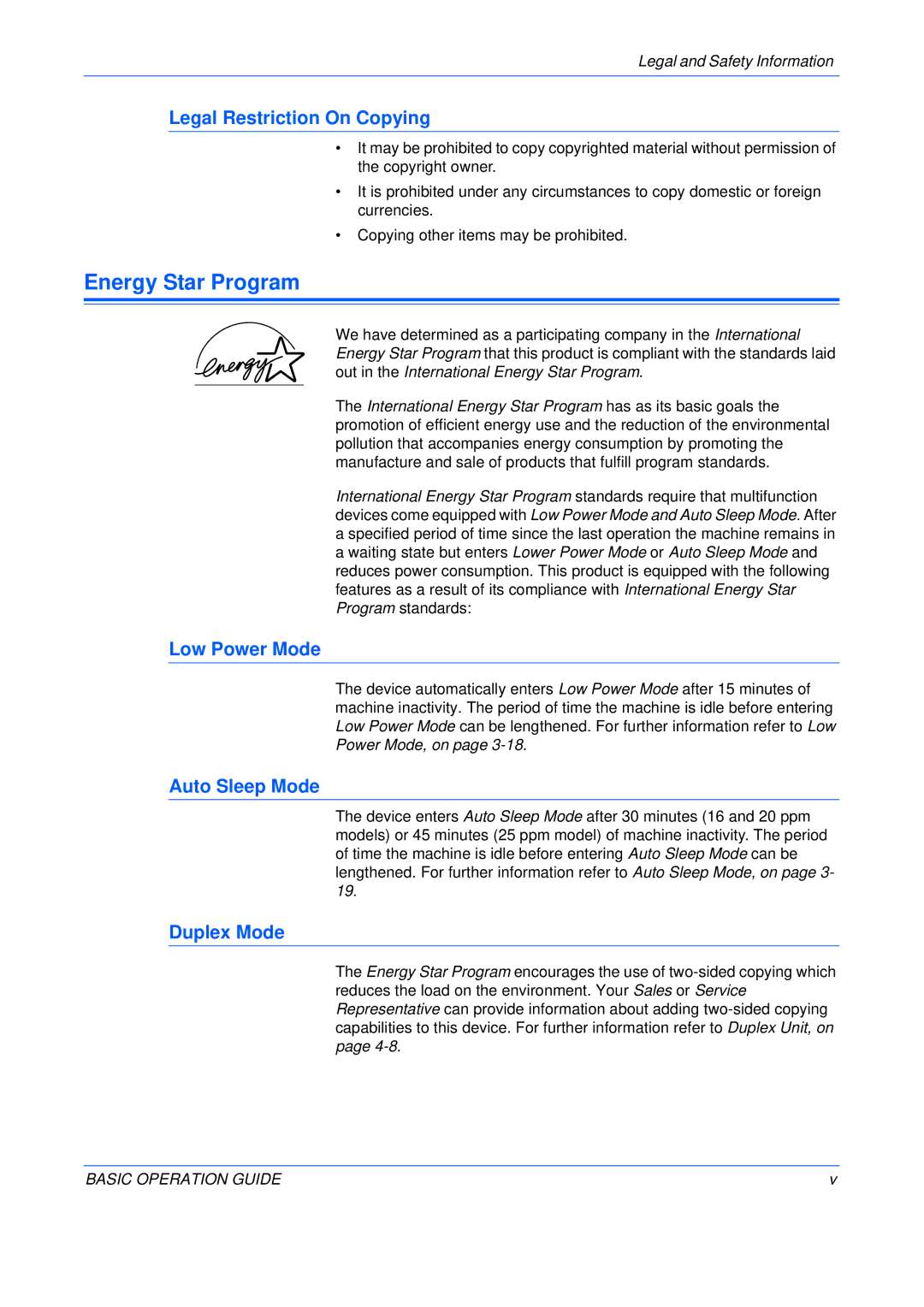 Kyocera KM-2550, KM-2050 Energy Star Program, Legal Restriction On Copying, Low Power Mode, Auto Sleep Mode, Duplex Mode 