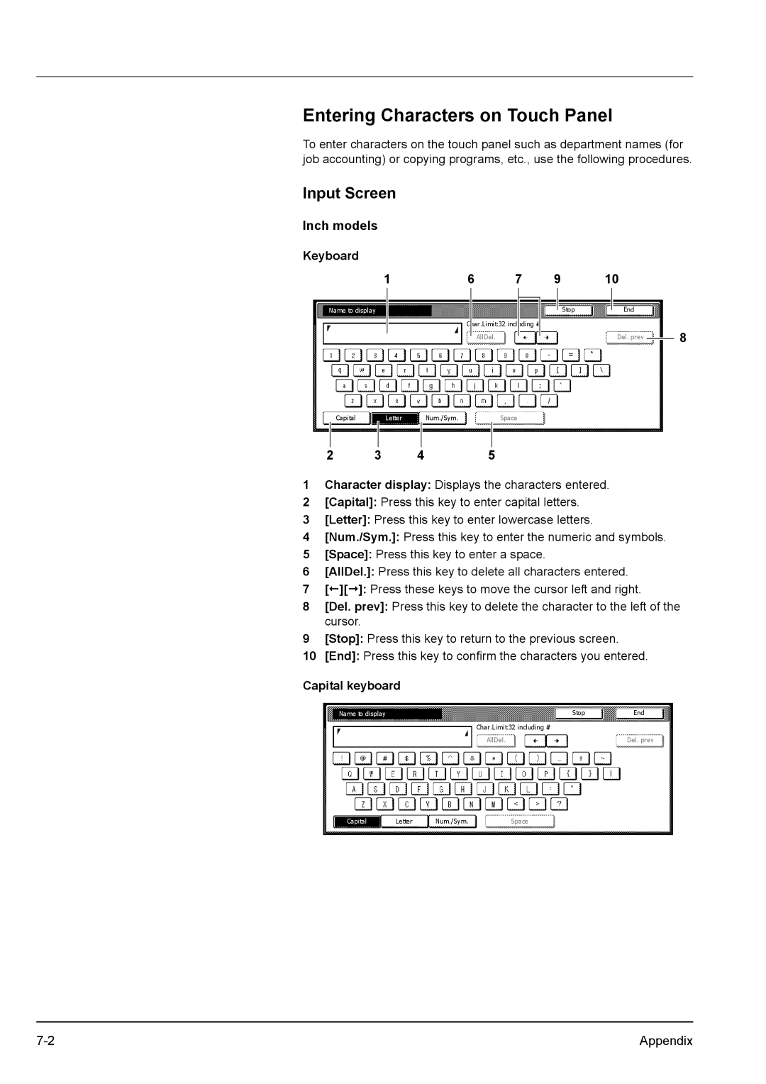 Kyocera KM-2540 manual Entering Characters on Touch Panel, Input Screen, Inch models, Capital keyboard 