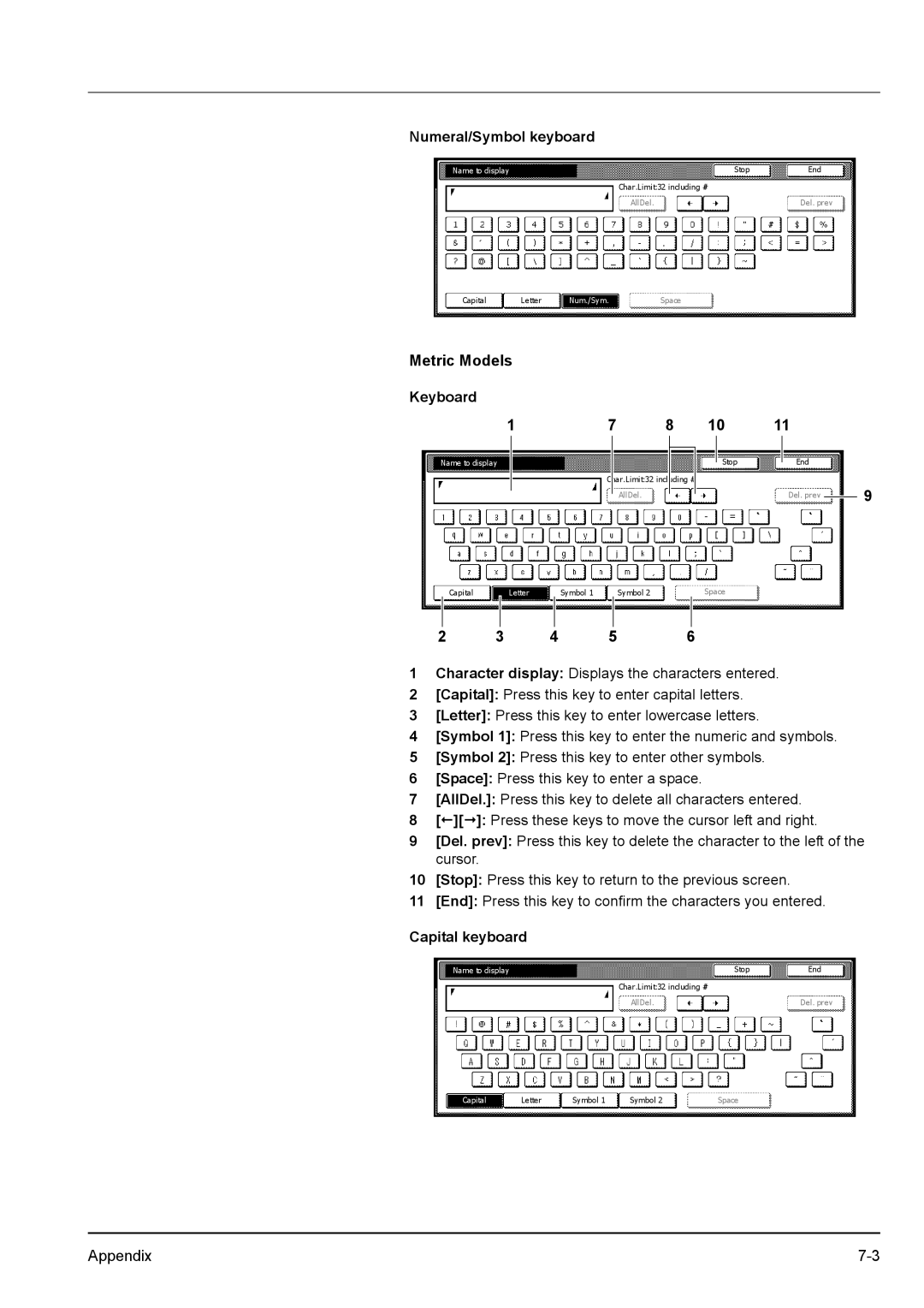 Kyocera KM-2540 manual Numeral/Symbol keyboard, Metric Models 