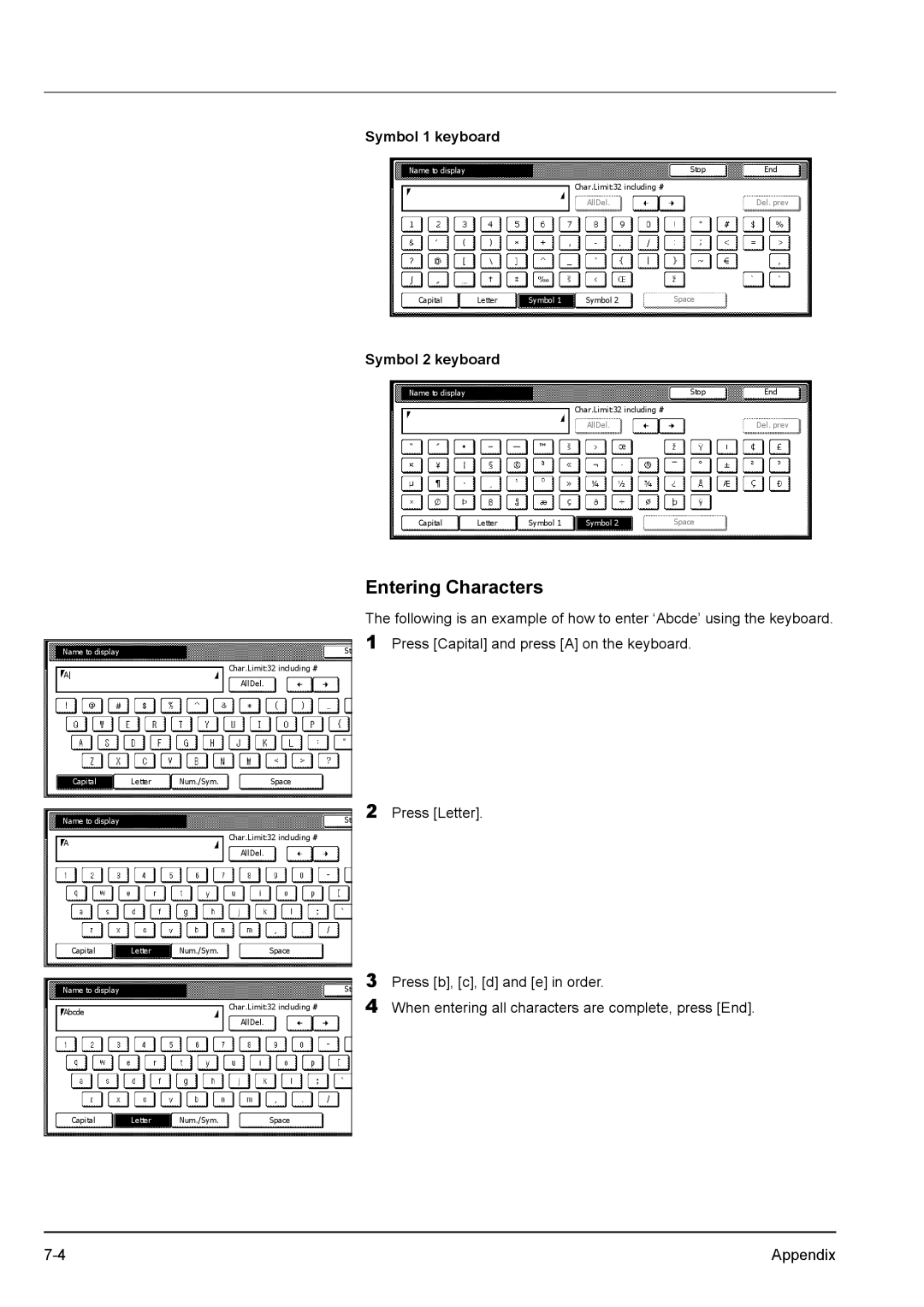 Kyocera KM-2540 manual Entering Characters, Symbol 1 keyboard, Symbol 2 keyboard 