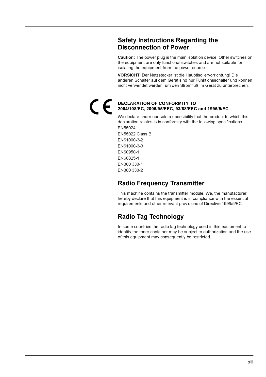 Kyocera KM-2540 Safety Instructions Regarding Disconnection of Power, Radio Frequency Transmitter, Radio Tag Technology 