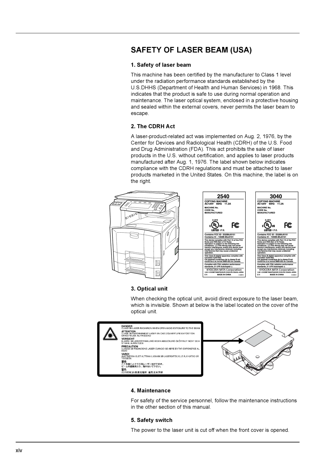 Kyocera KM-2540 manual Safety of laser beam, Cdrh Act, Optical unit, Maintenance, Safety switch 