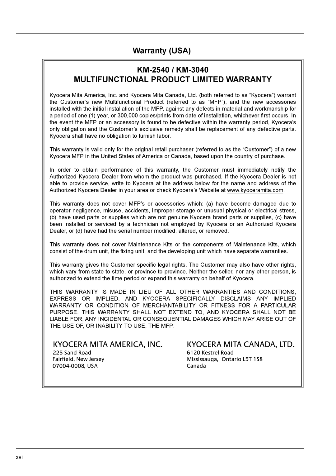 Kyocera manual Warranty USA KM-2540 / KM-3040, Multifunctional Product Limited Warranty 