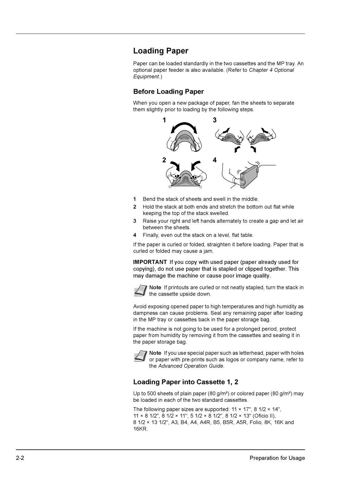 Kyocera KM-2540 manual Before Loading Paper, Loading Paper into Cassette 1 