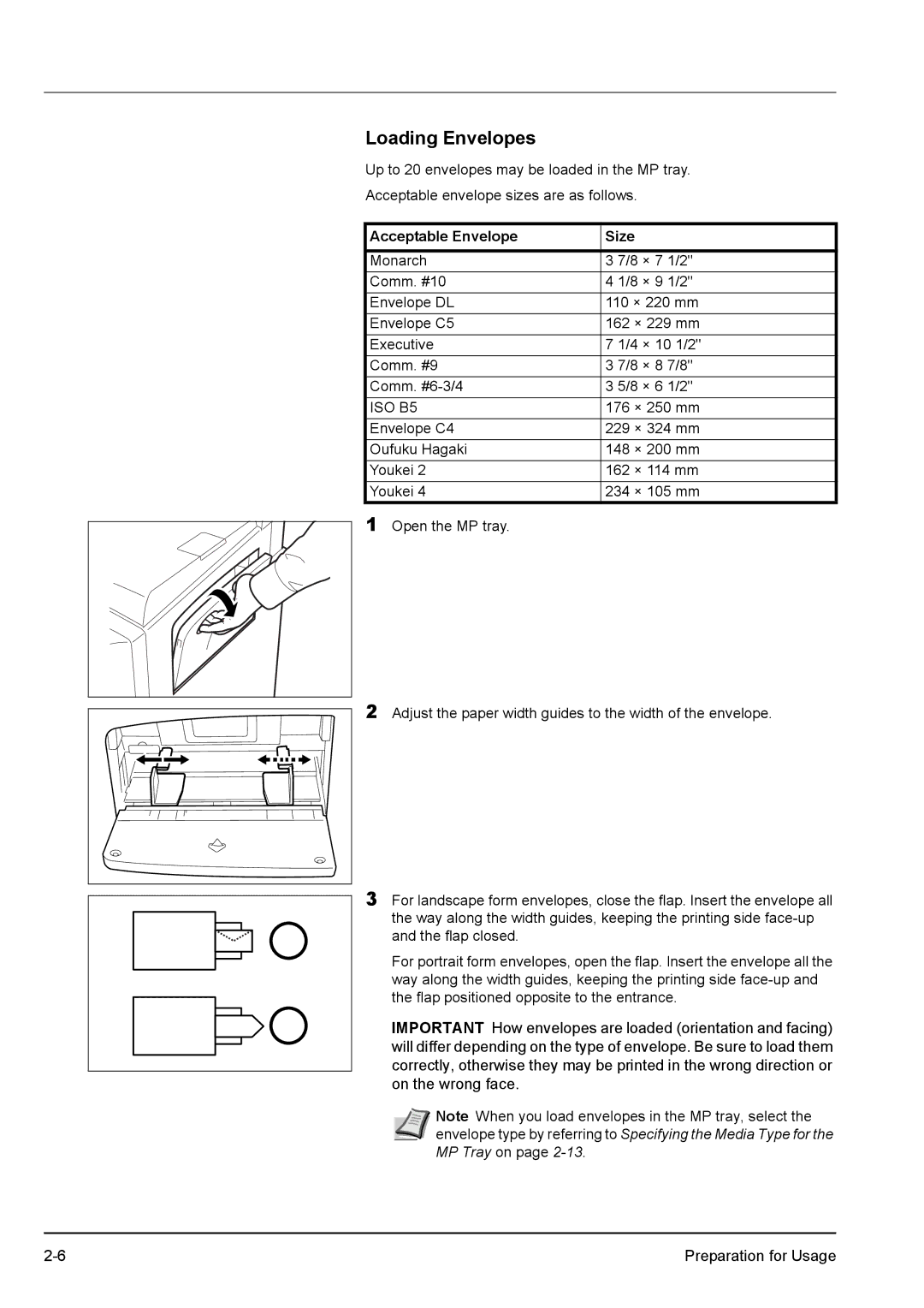 Kyocera KM-2540 manual Loading Envelopes, Acceptable Envelope Size 