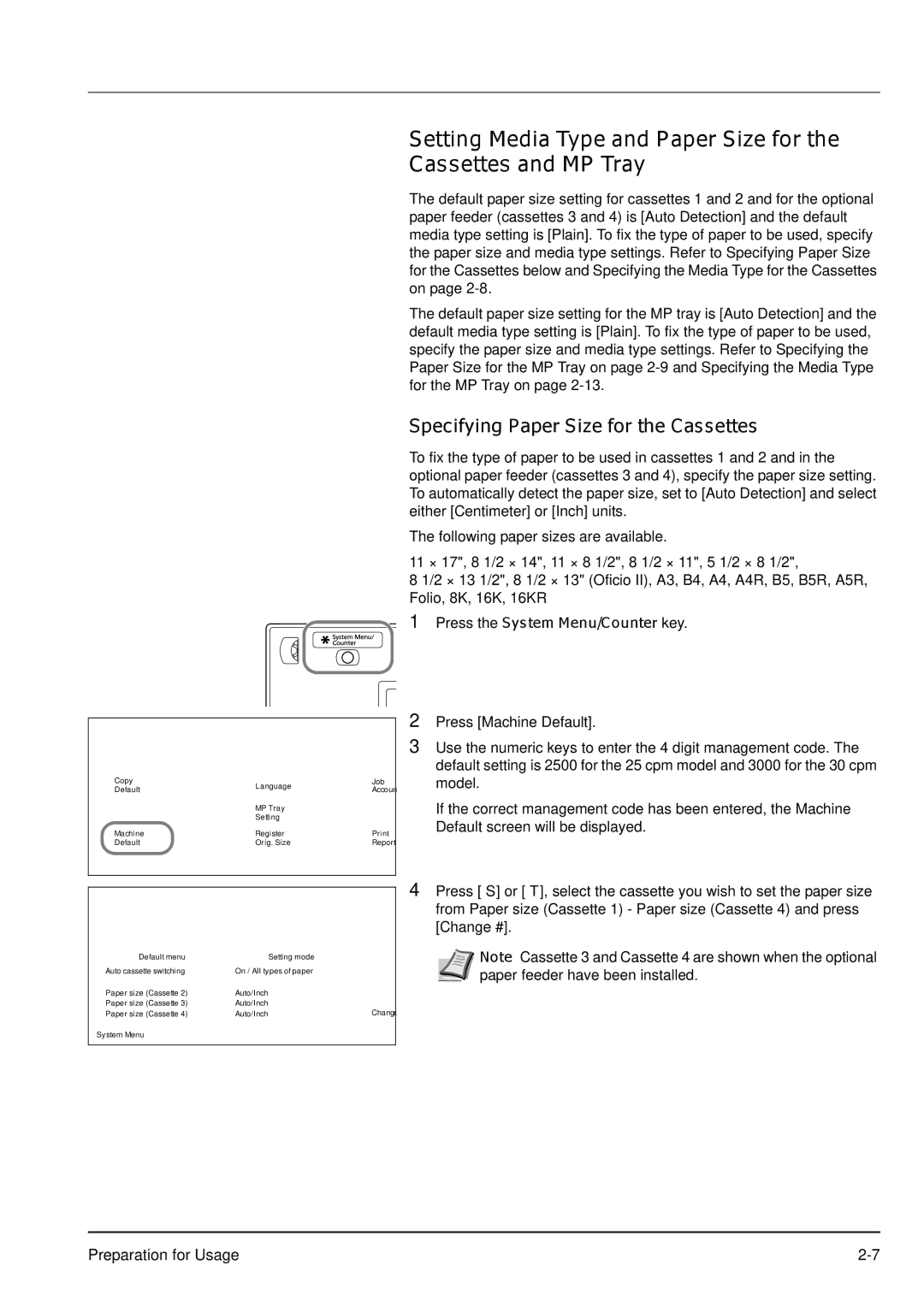 Kyocera KM-2540 manual Specifying Paper Size for the Cassettes, Press the System Menu/Counter key 